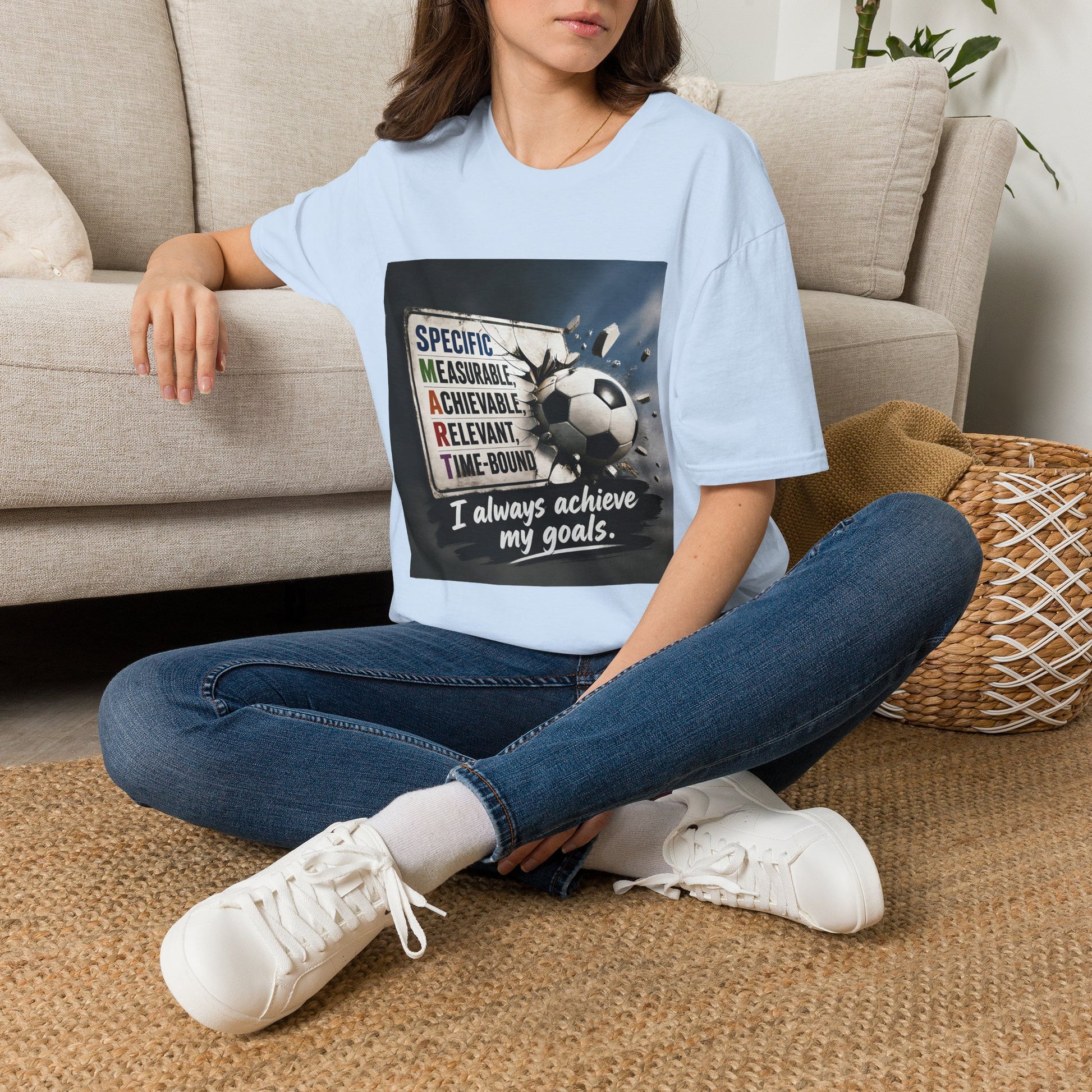 Unisex graphic T-shirt with soccer ball quote, light blue crew neck