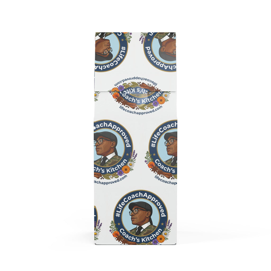 Coffee blend bag with Coach's Kitchen graphics and illustrated character, front view