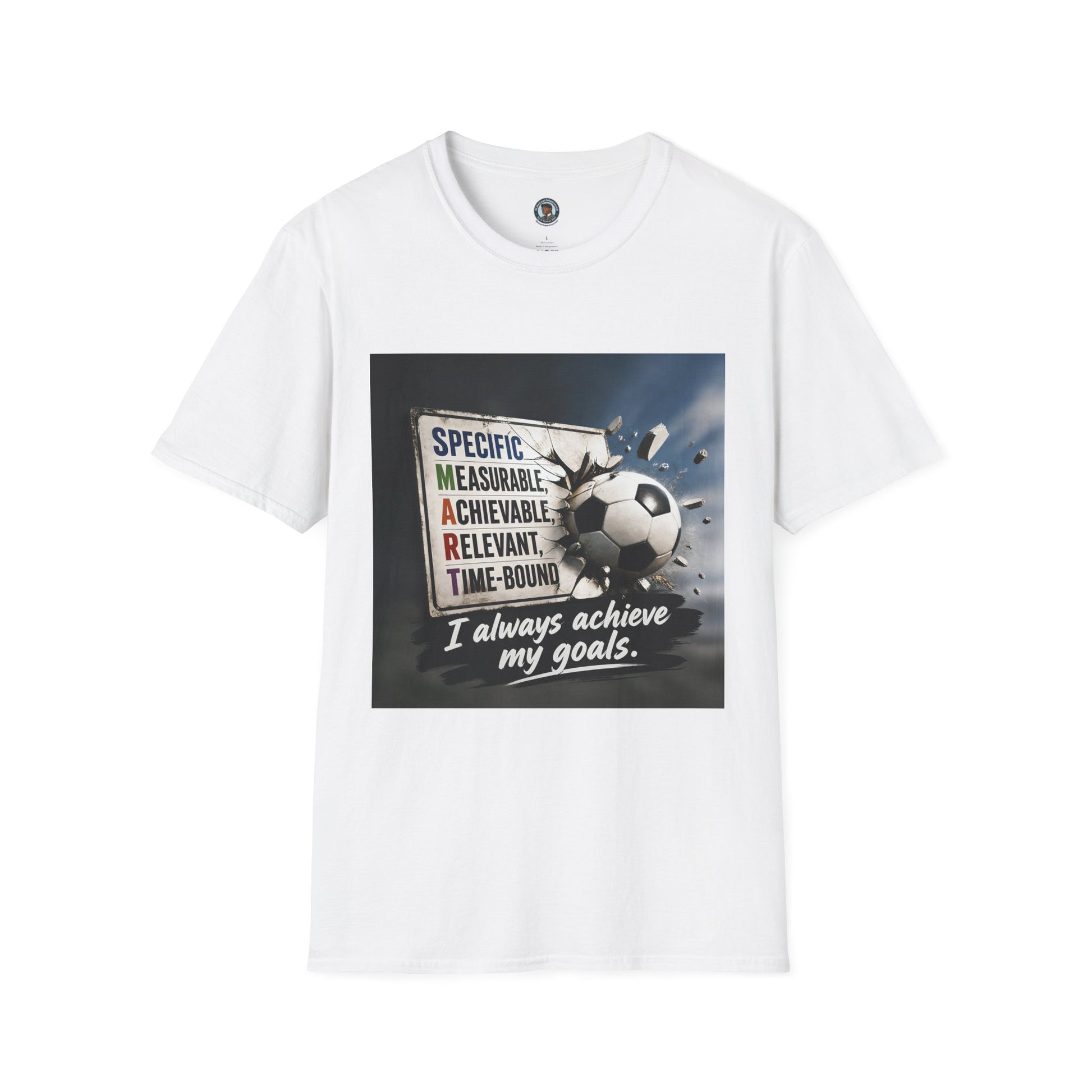 Unisex SMART goals T-shirt, white with soccer-ball motivational graphic