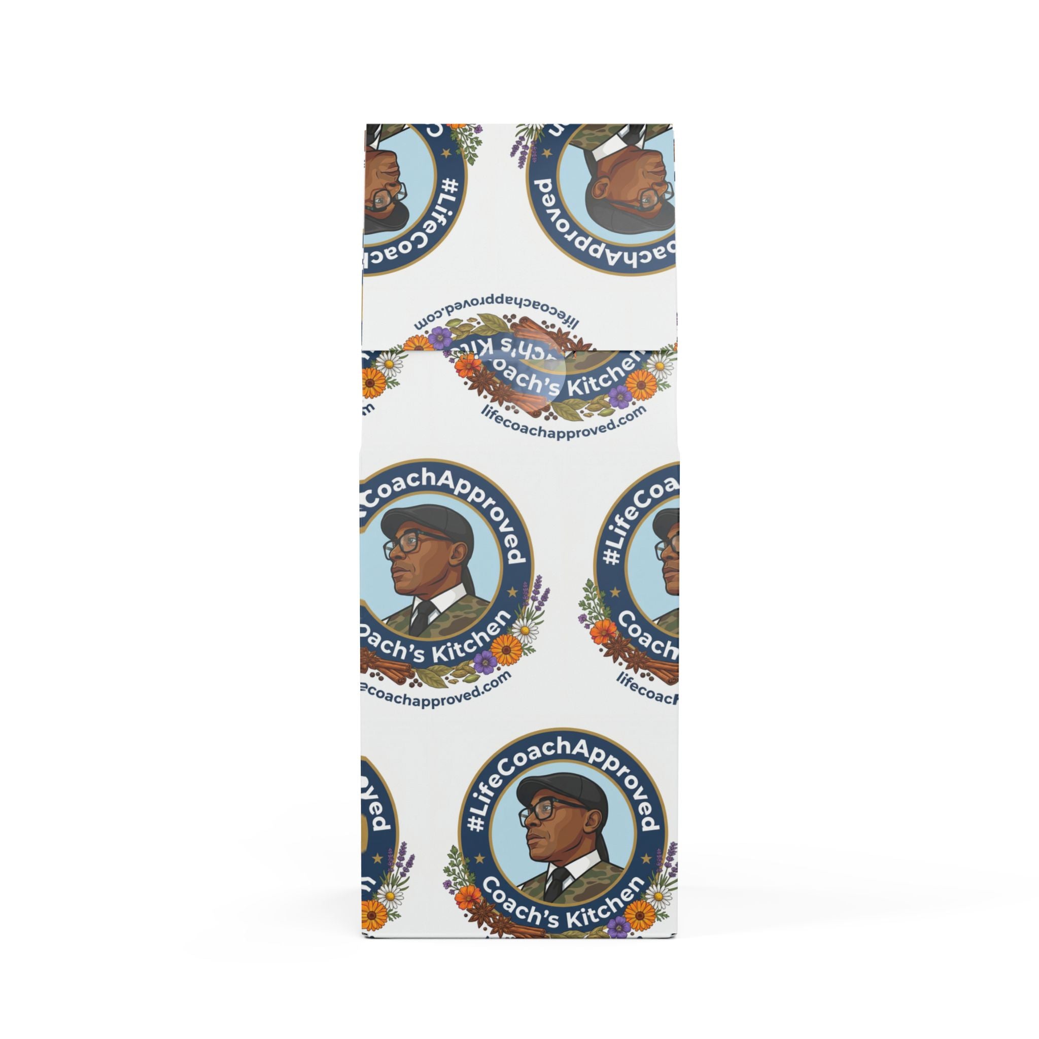 Single origin coffee bag, front view with circular Coach's Kitchen logo pattern