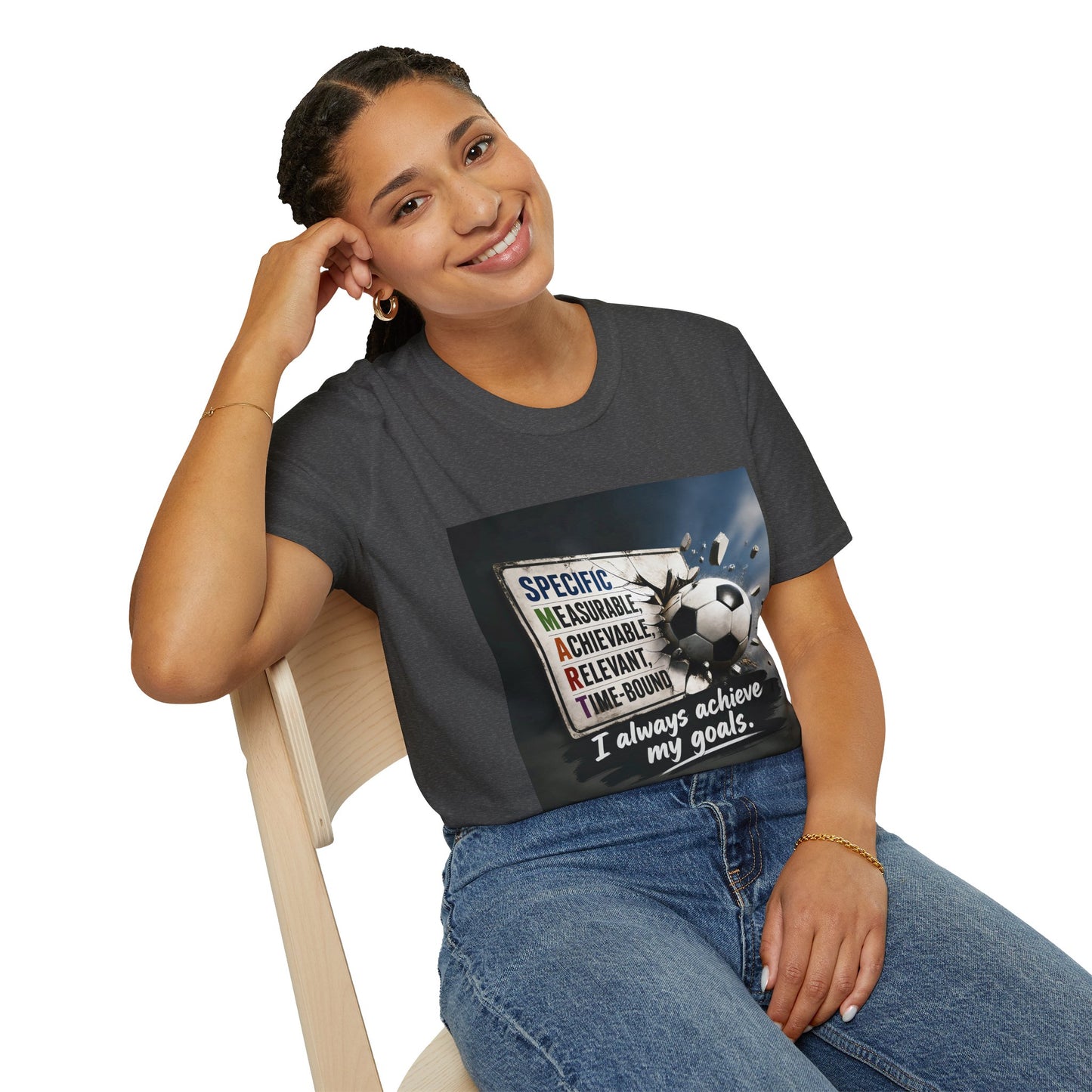 Unisex T-shirt, dark gray, soccer ball print with motivational quote centered on chest.