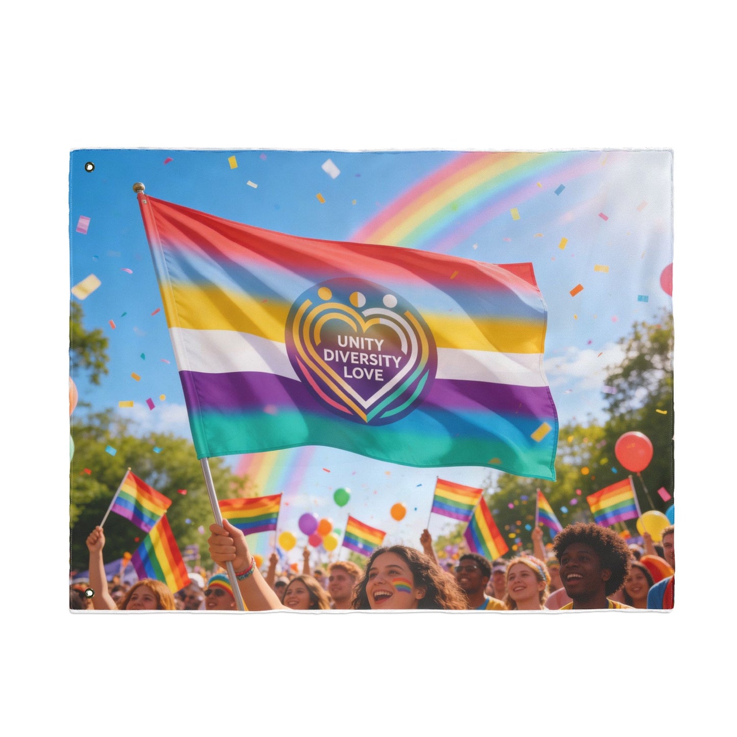 Pride flag with Unity Diversity Love heart emblem, rainbow color bands, and hanging hem
