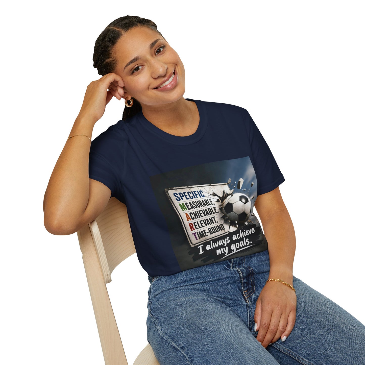 Unisex T-shirt in dark navy with soccer ball motivational graphic on chest
