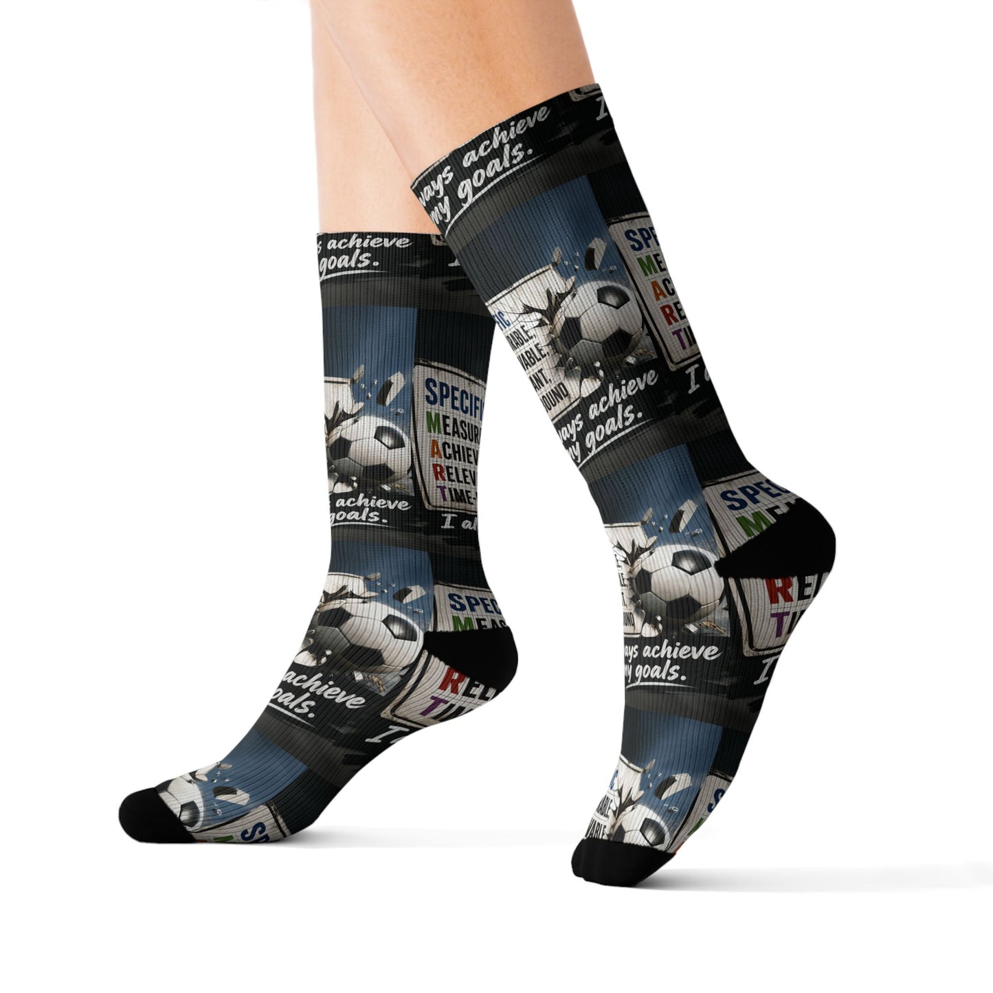 Life Coach Approved SMART Goals crew socks featuring a soccer ball print, text, and black accents on a dark blue background.