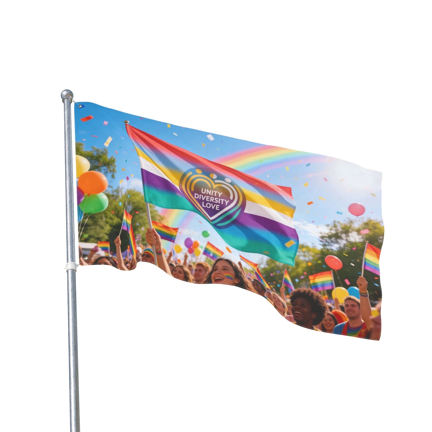 Unity Diversity Love Pride flag on a metal pole, rainbow stripes and heart Unity Diversity Love logo