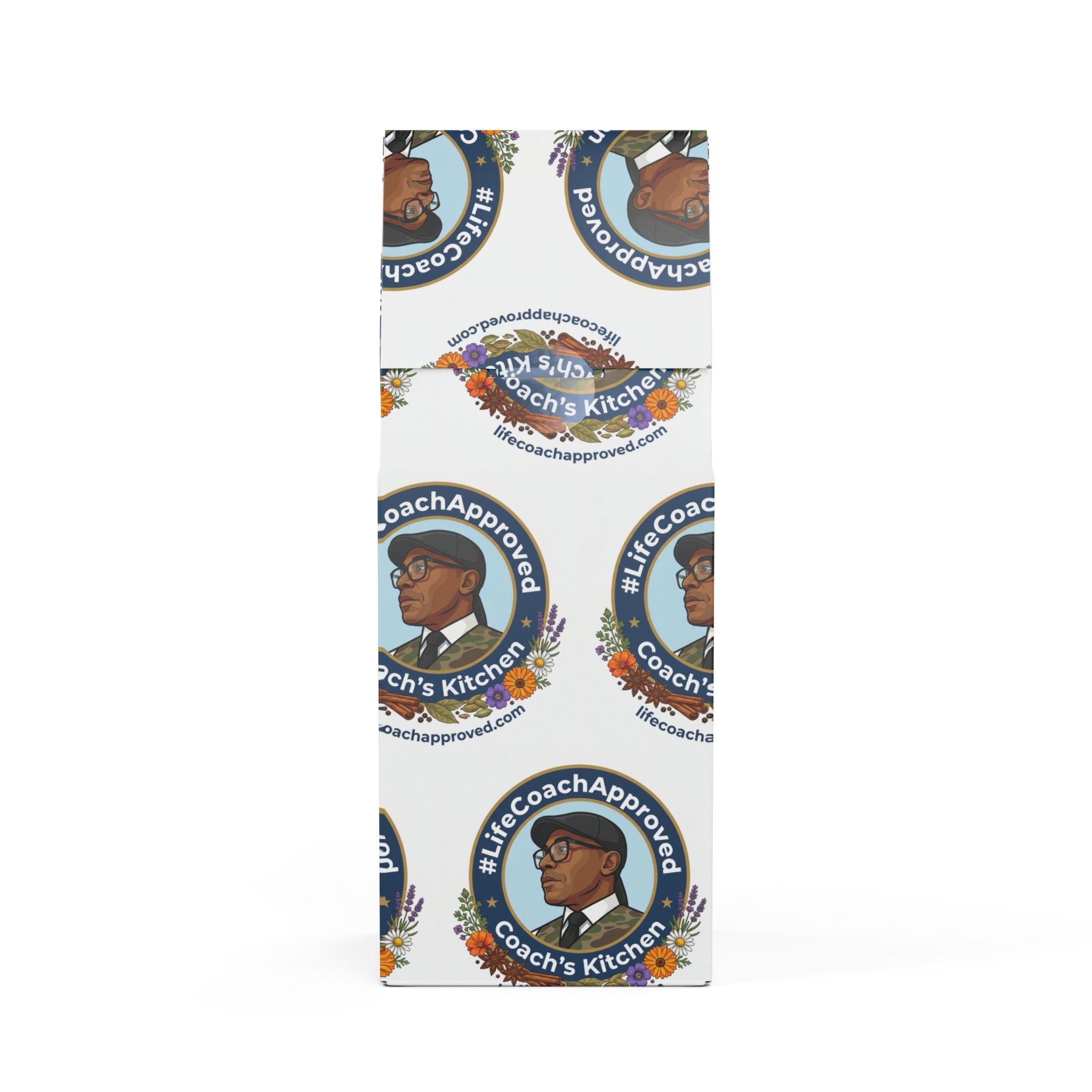 Decaf Coffee Blend bag side with repeating logo and floral accents