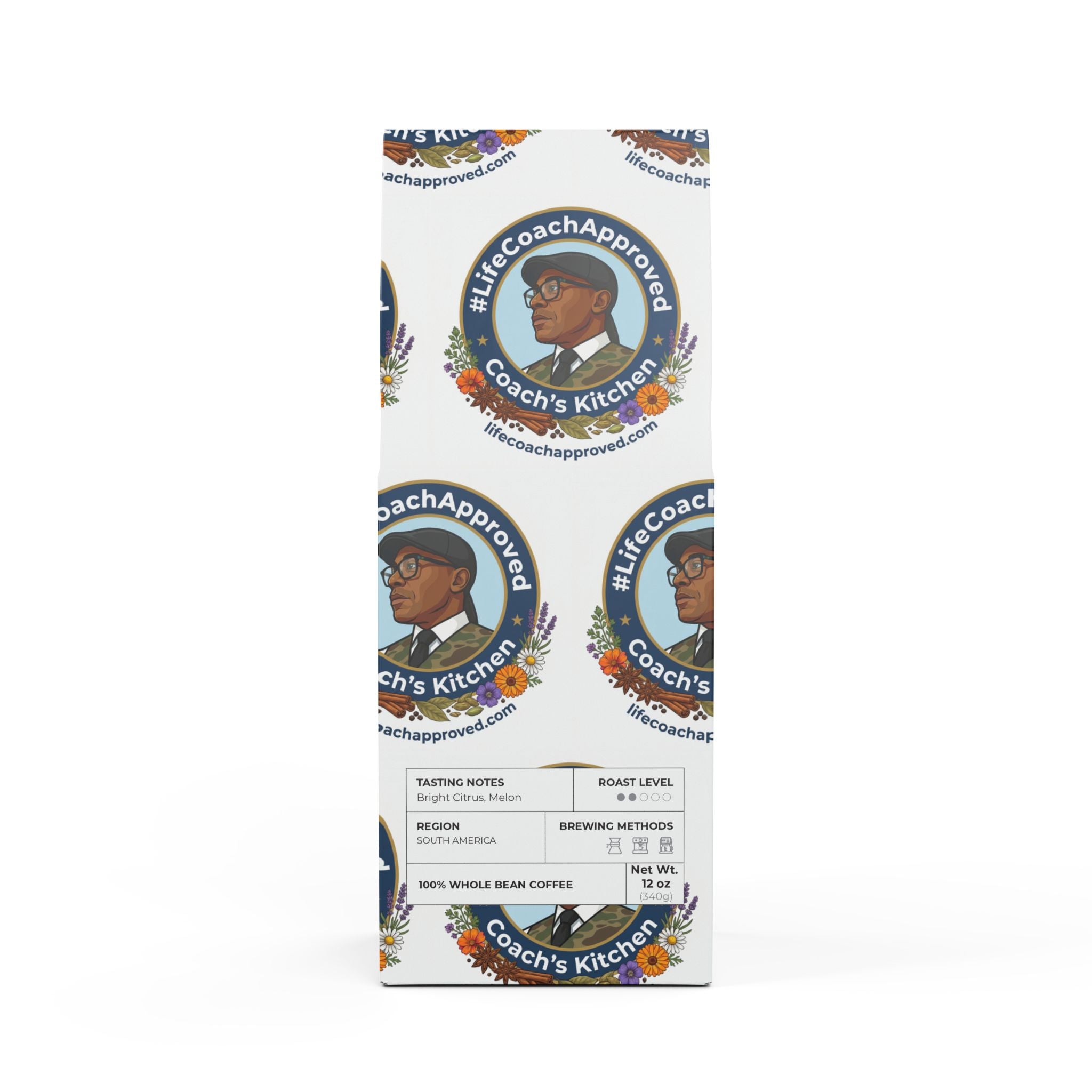 Life Coach Approved coffee bag: Colombia light-medium whole bean, label shows coffee type