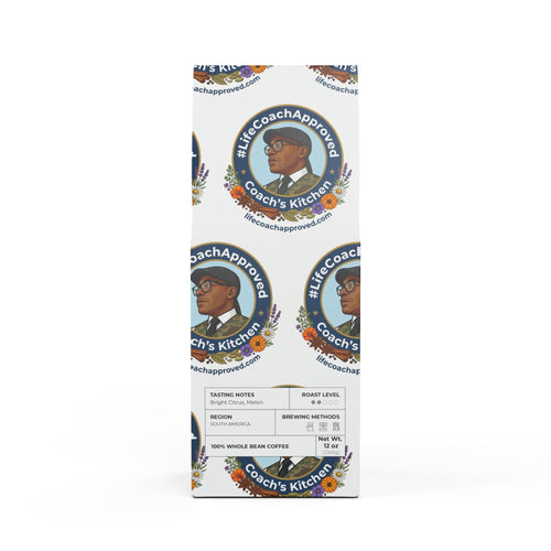 Life Coach Approved coffee bag: Colombia light-medium whole bean, label shows coffee type