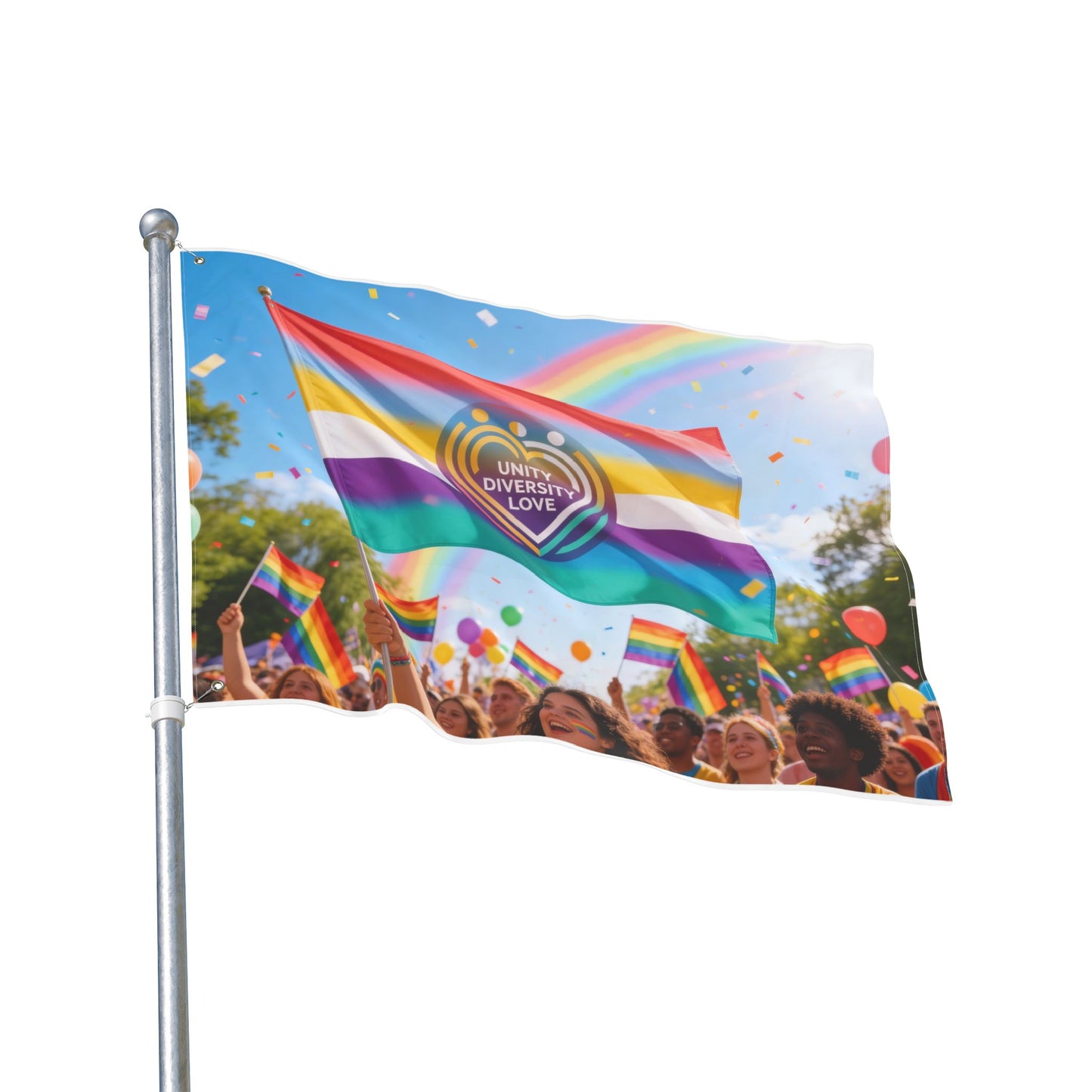 Unity Diversity Love Pride flag on a metal pole, rainbow stripes and heart Unity Diversity Love logo