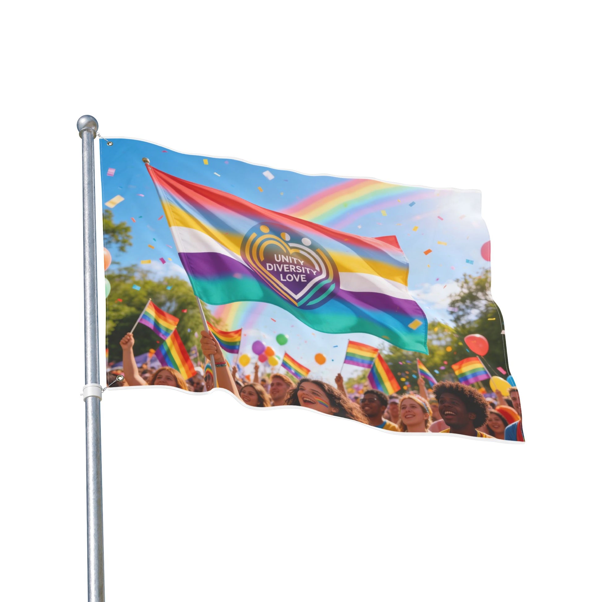 Unity Diversity Love Pride flag on a metal pole, rainbow stripes and heart Unity Diversity Love logo