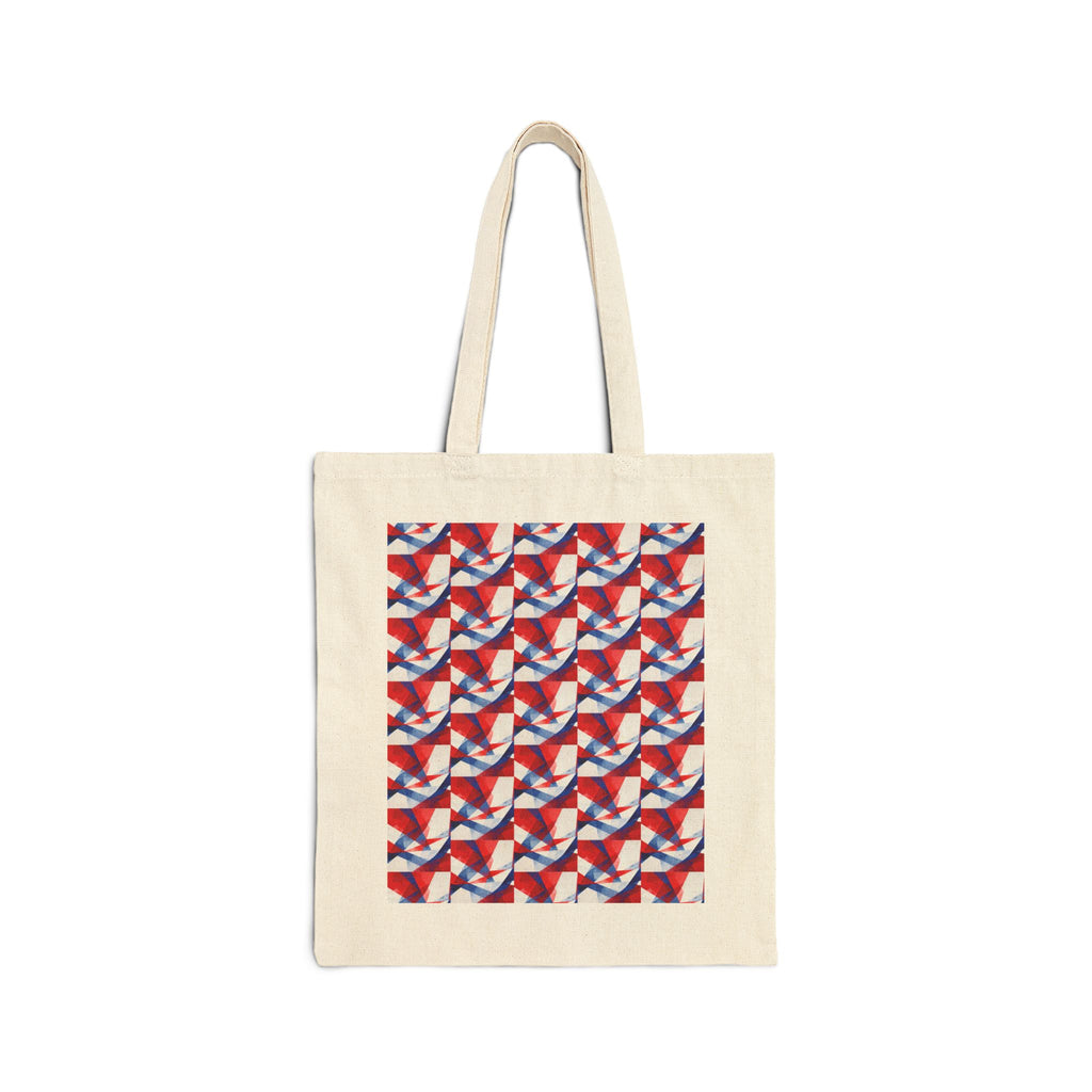 Natural canvas tote with red-white-blue geometric flag print panel.