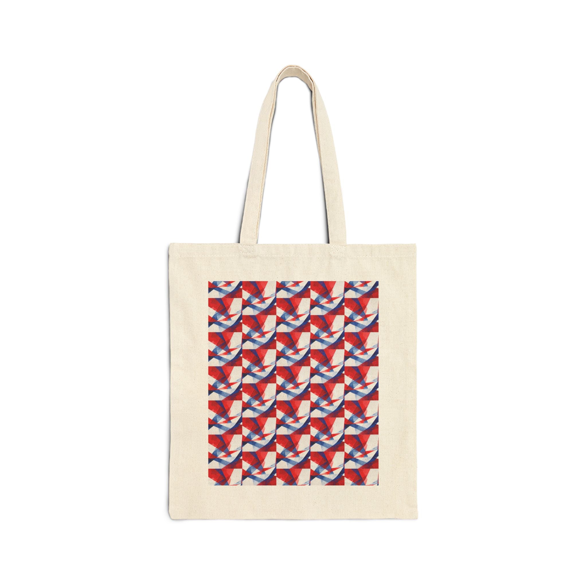 Natural canvas tote with red-white-blue geometric flag print panel.