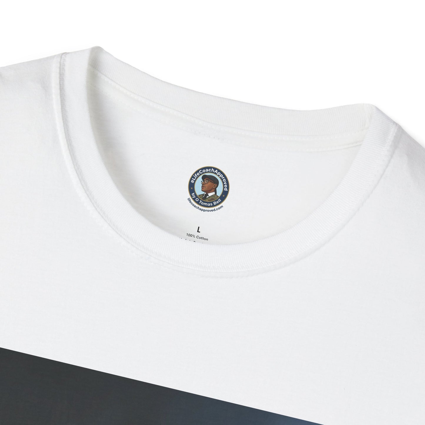 White crewneck T-shirt with small circular neck label