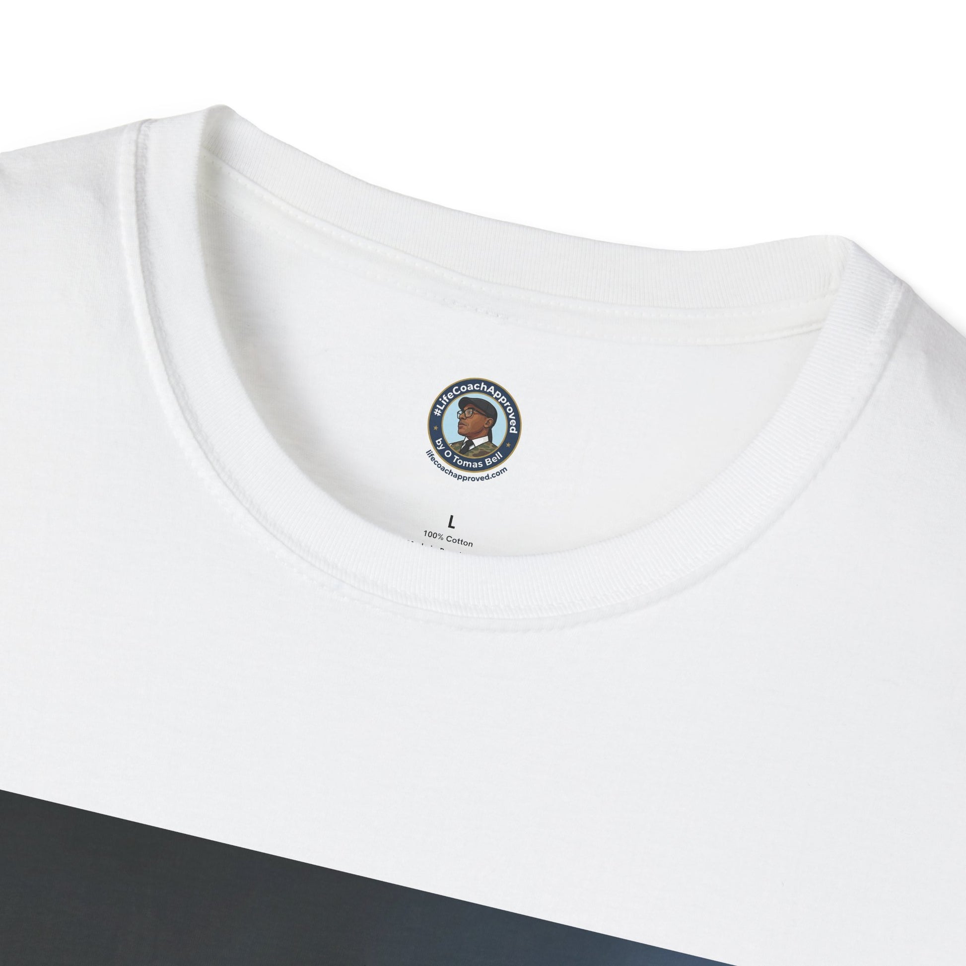 White crewneck T-shirt with small circular neck label