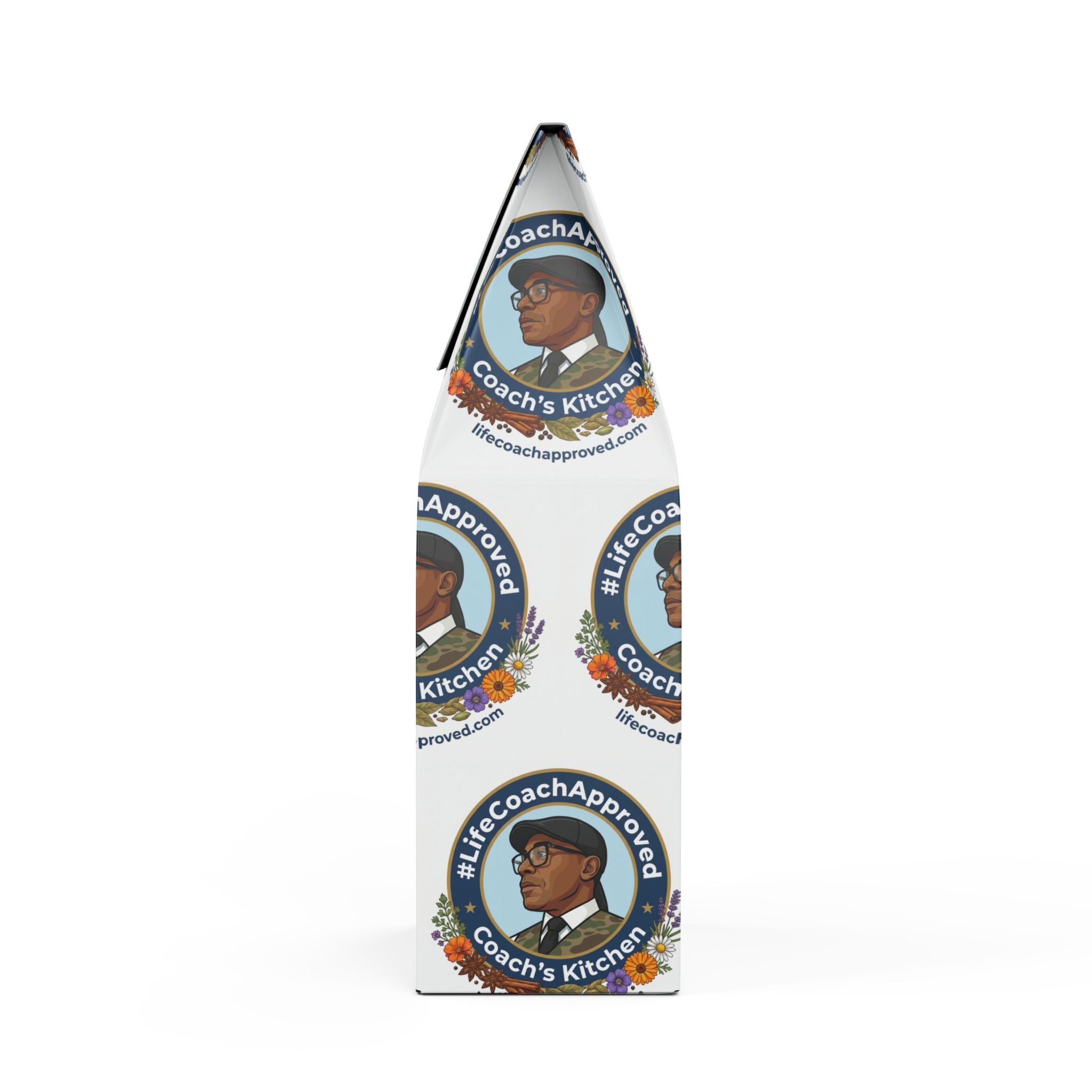 Coffee blend bag standing upright with Coach's Kitchen portrait and seal graphics