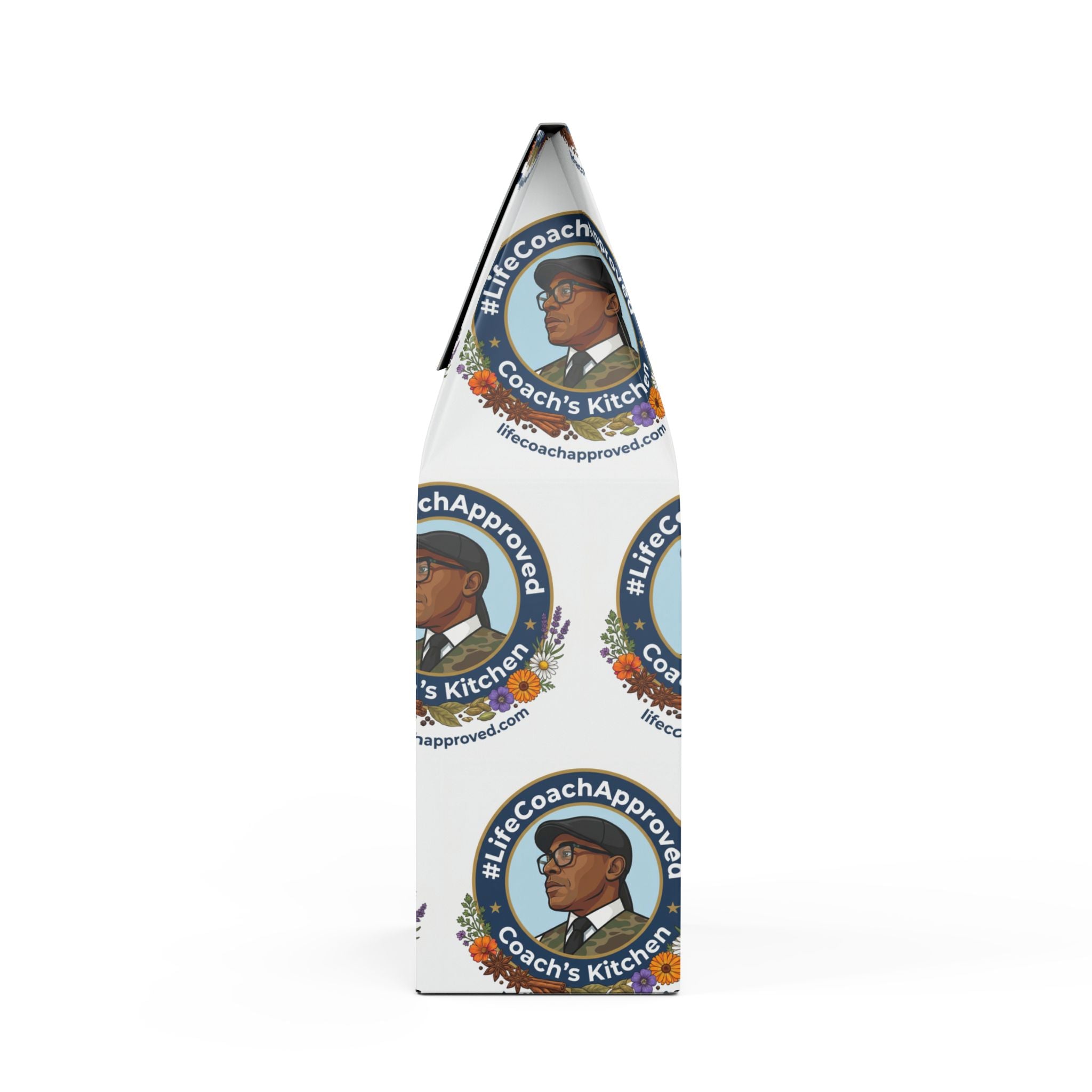 Single origin coffee bag, side view with Coach's Kitchen round badge