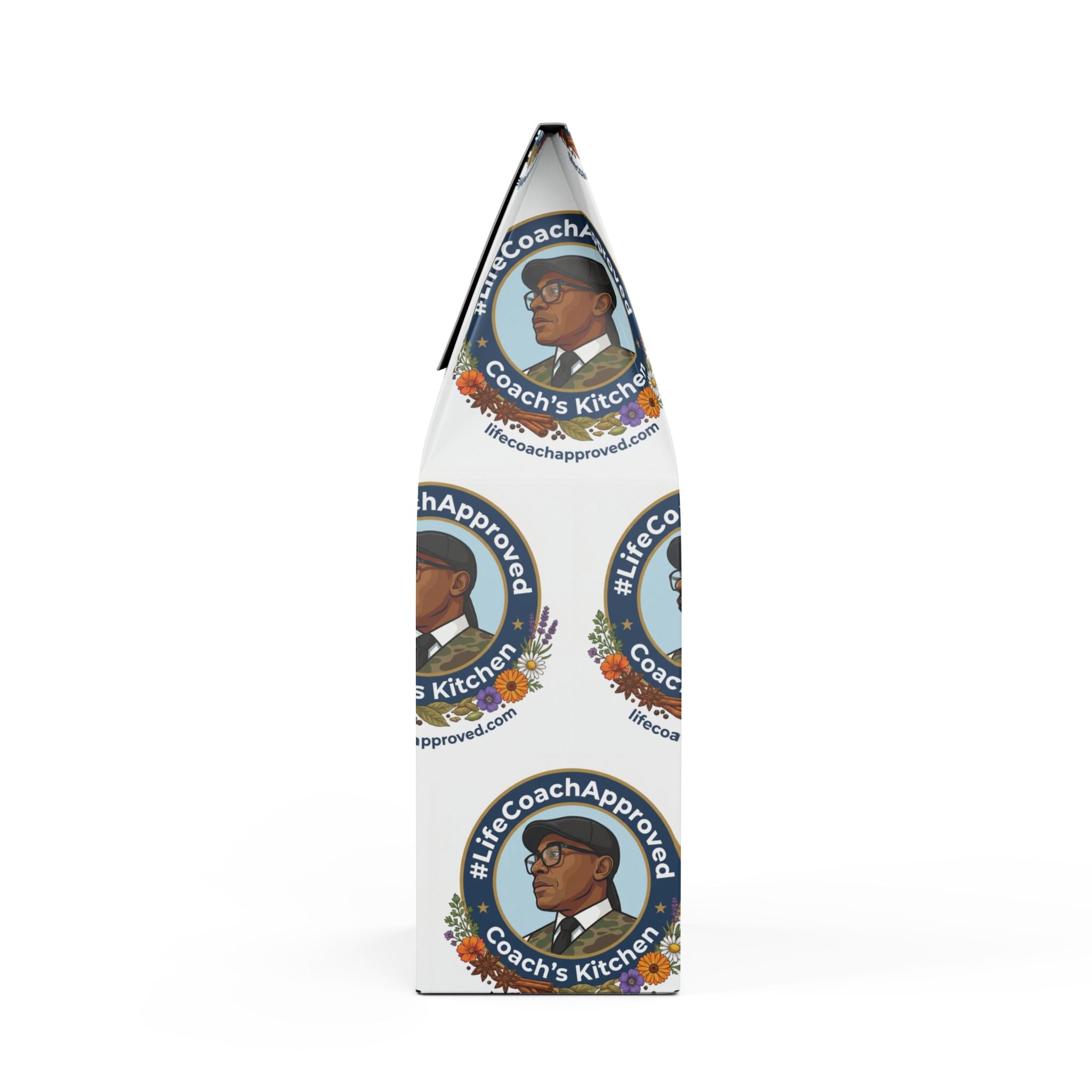 Coach’s Kitchen medium-dark coffee bag, vertical side view with portrait badge