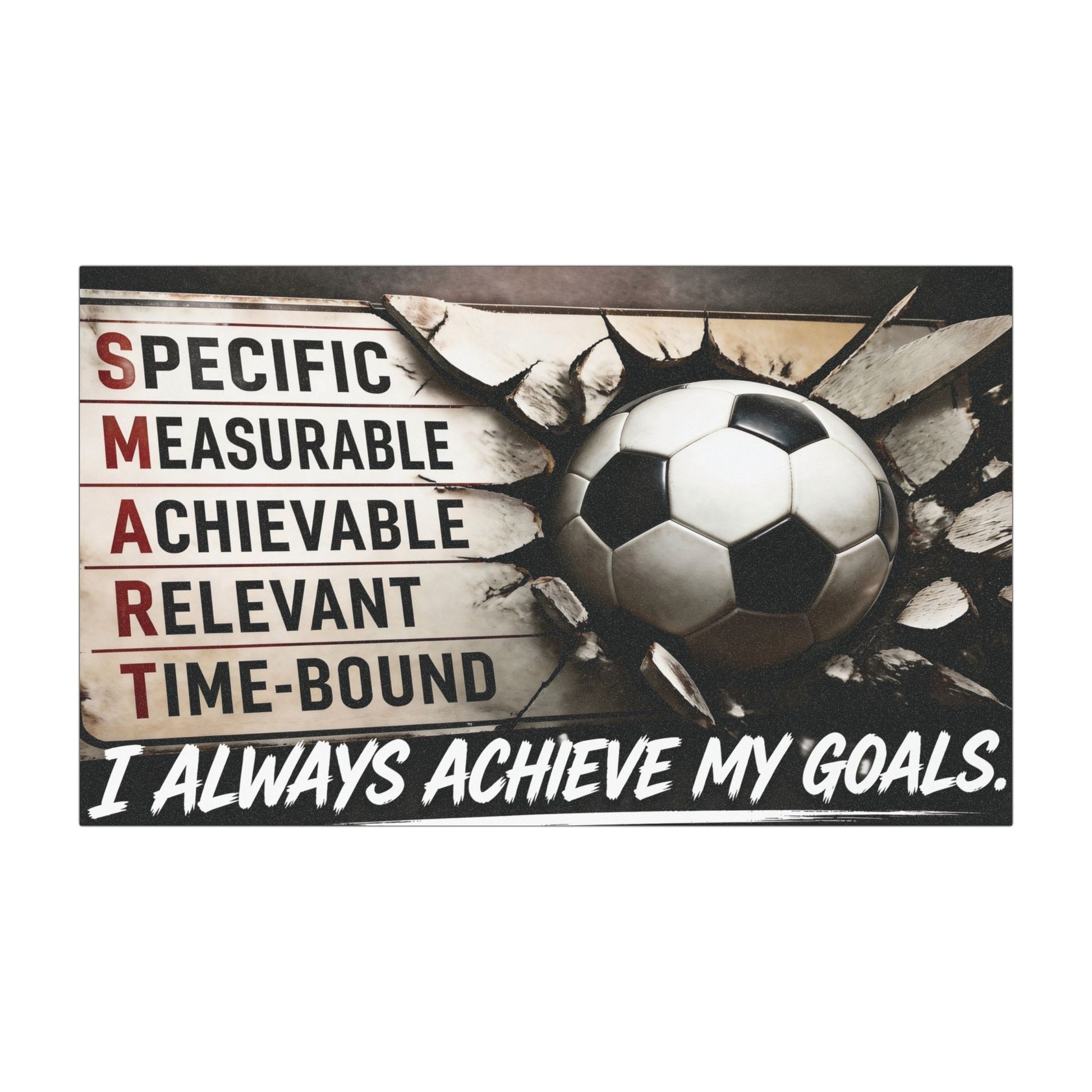 Rectangle car magnet with soccer ball and goals text on black background.