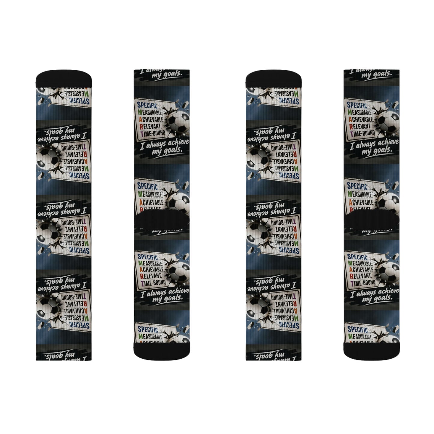 Life Coach Approved SMART Goals crew socks featuring an all-over print of soccer balls and SMART goal text on dark blue.