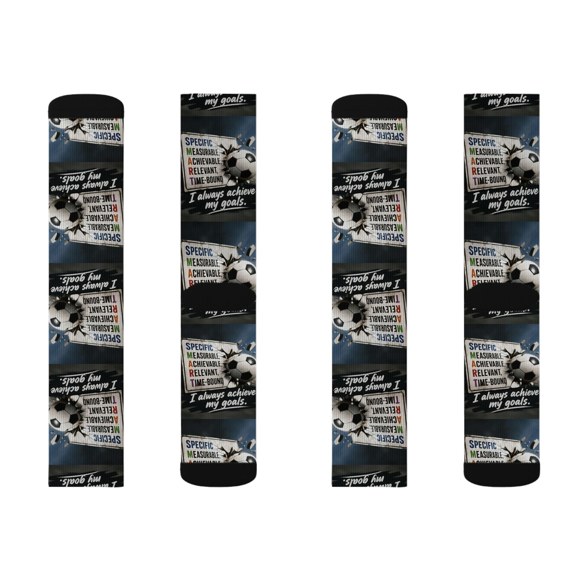 Life Coach Approved SMART Goals crew socks featuring an all-over print of soccer balls and SMART goal text on dark blue.