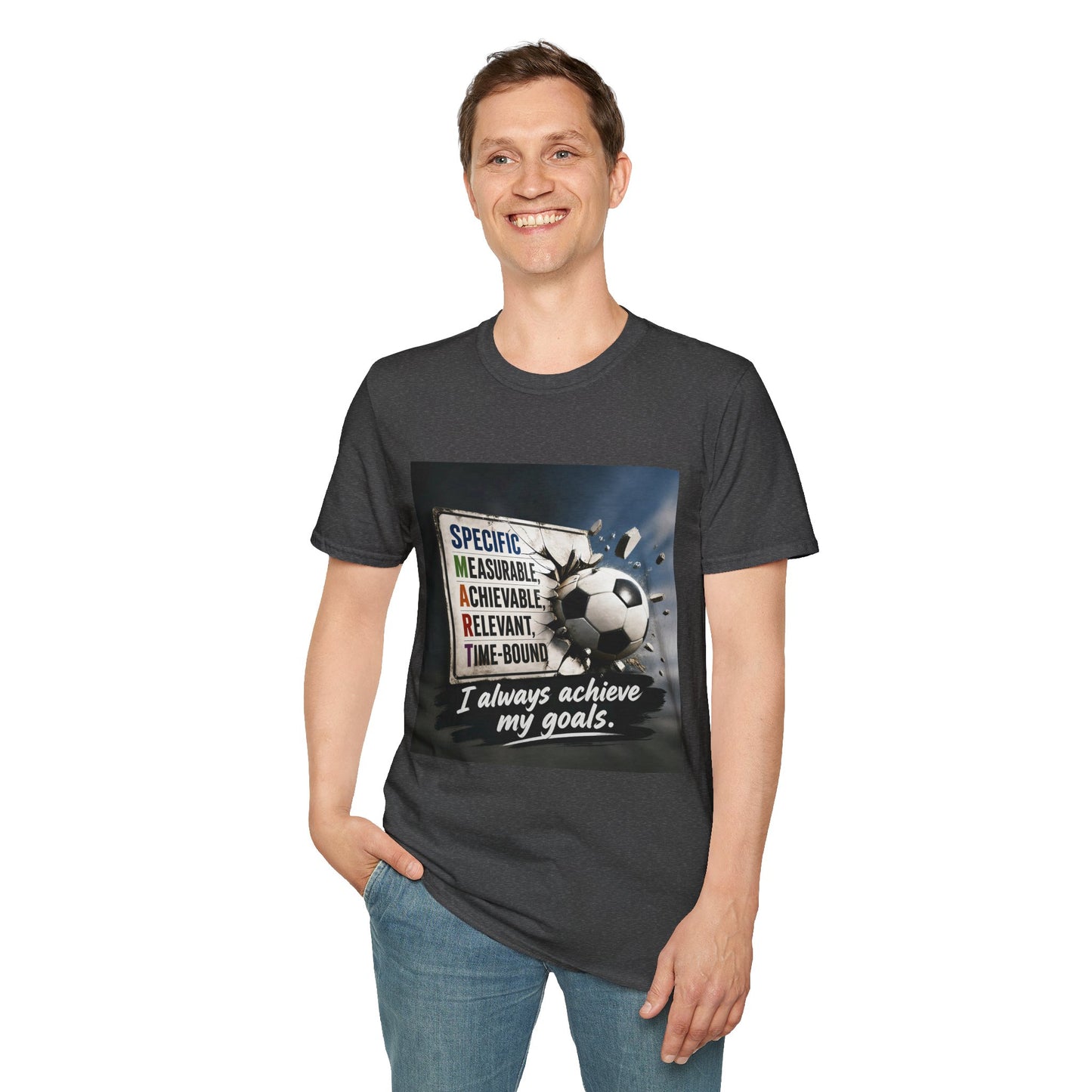 Unisex T-shirt, dark gray, chest soccer graphic with “I always achieve my goals.”