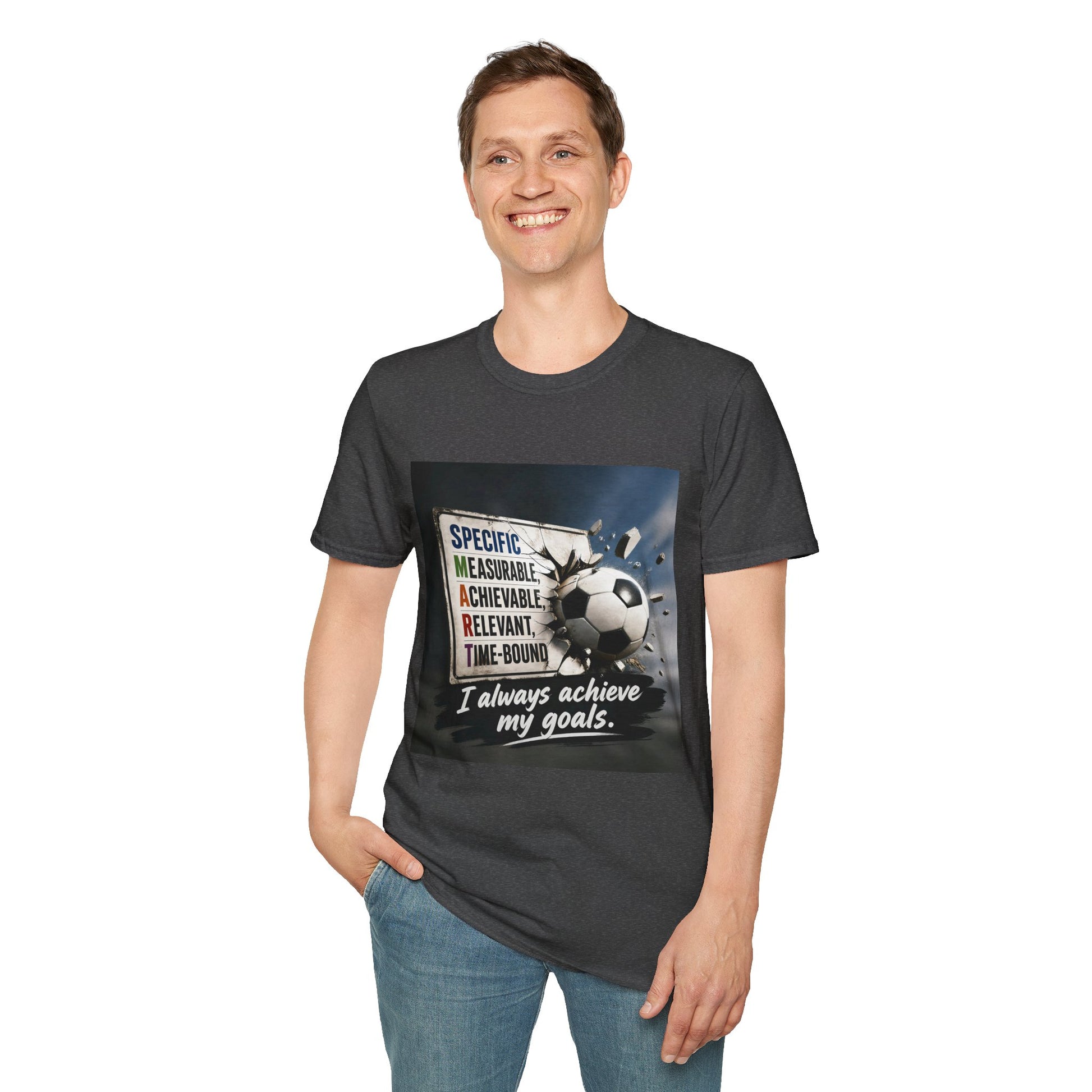 Unisex T-shirt, dark gray, chest soccer graphic with “I always achieve my goals.”