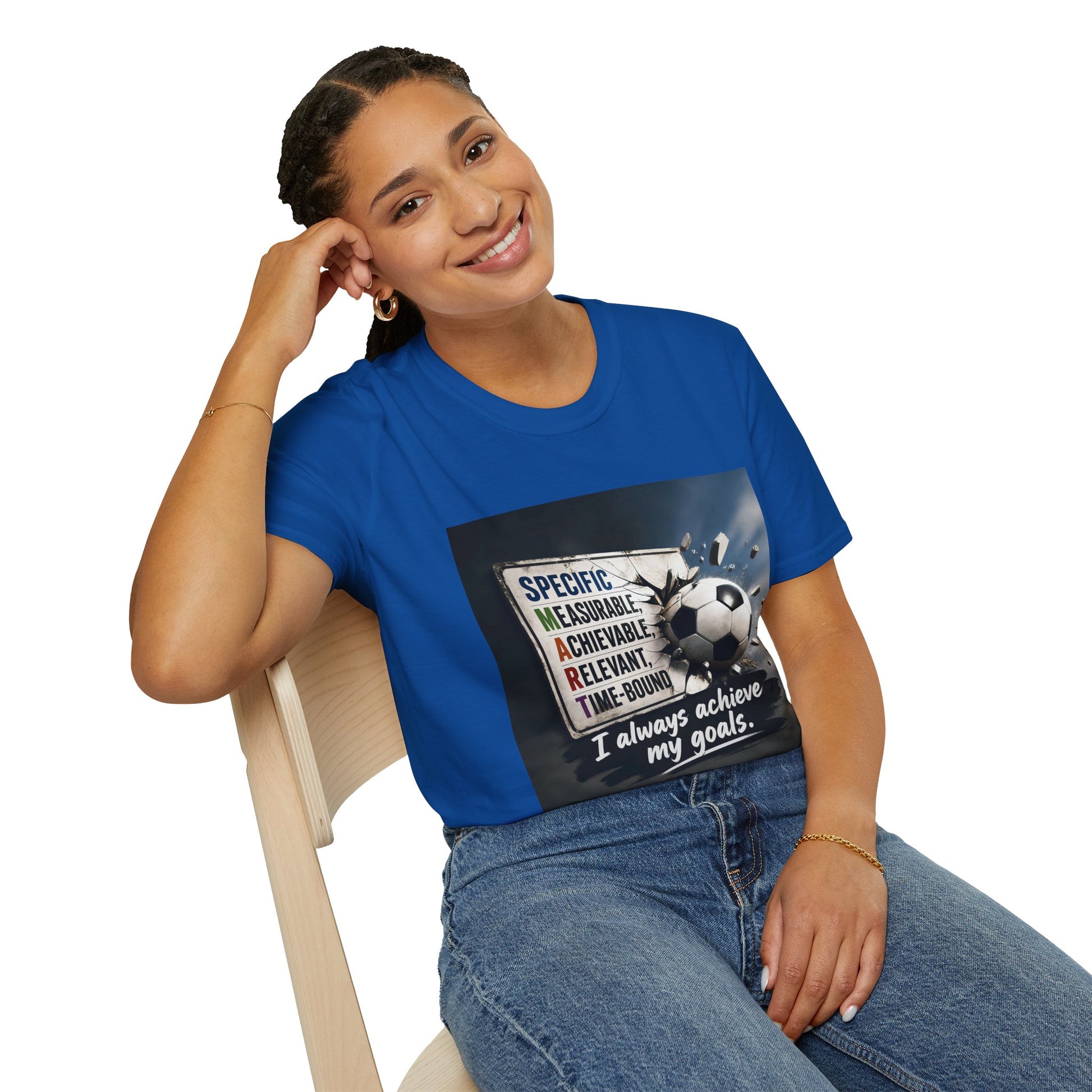 Unisex T-shirt, blue, front soccer print with motivational quote “I always achieve my goals.”