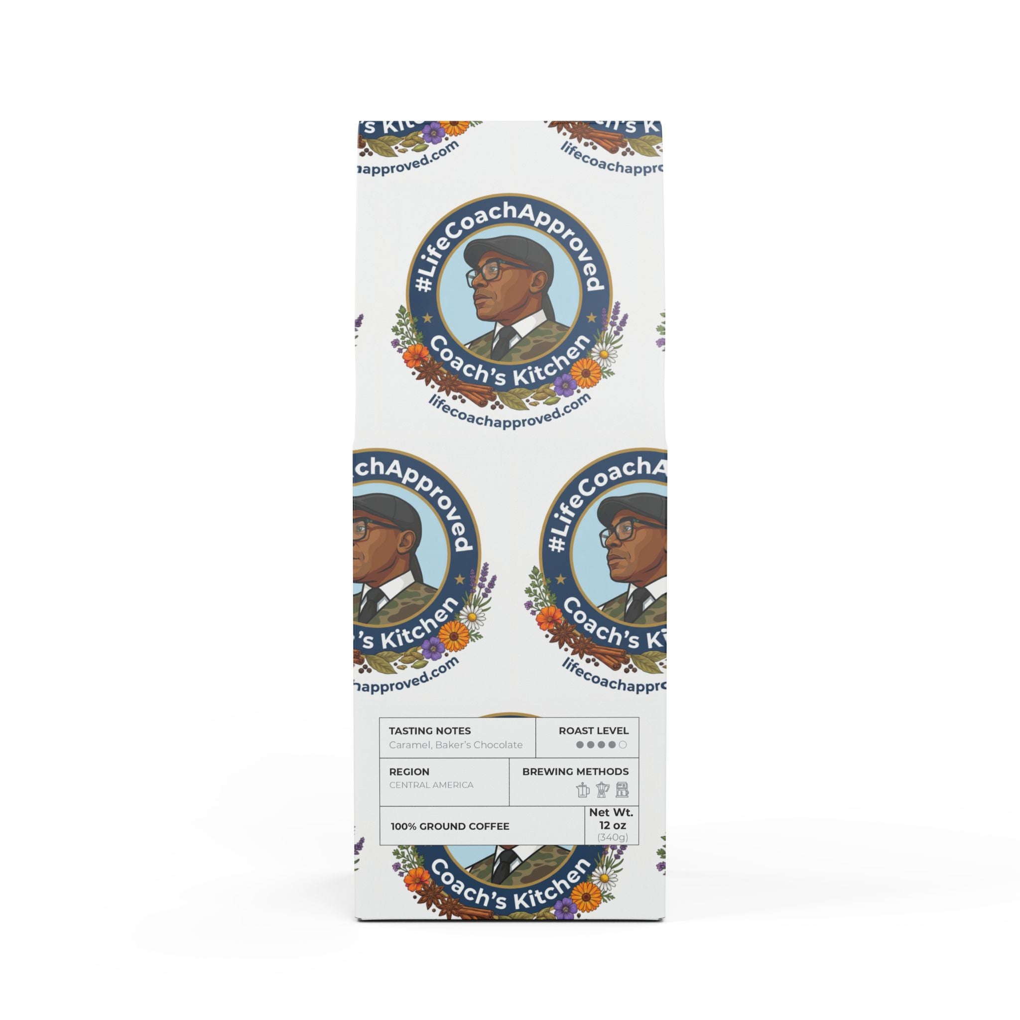 Ground coffee box for Coach's Kitchen blend, front label