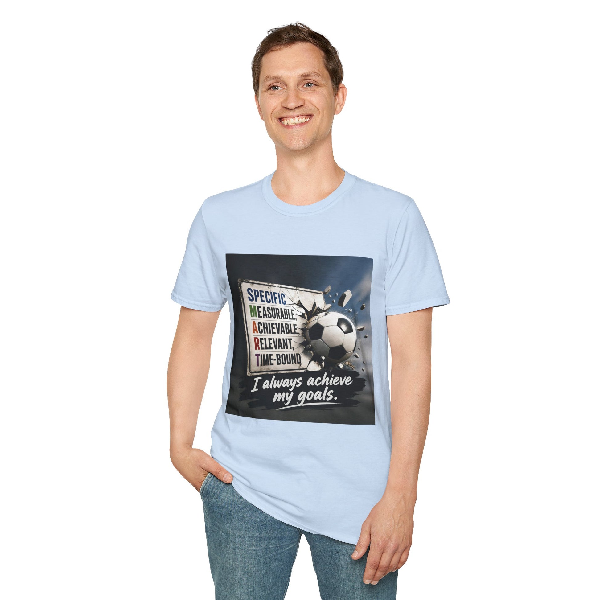 Unisex T-shirt, light blue, crew neck; front soccer graphic with “I always achieve my goals”.