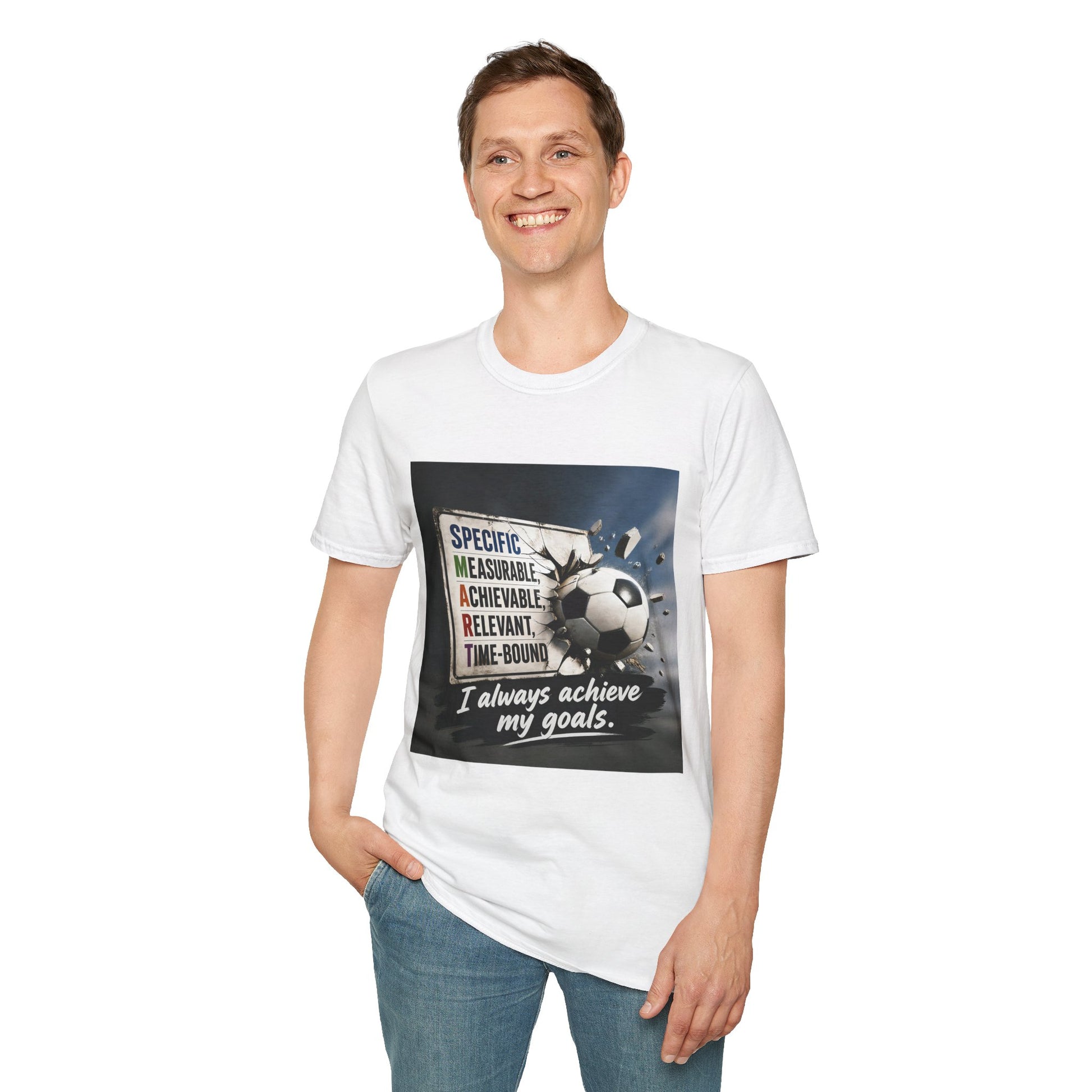 Unisex white graphic T-shirt with soccer ball slogan print