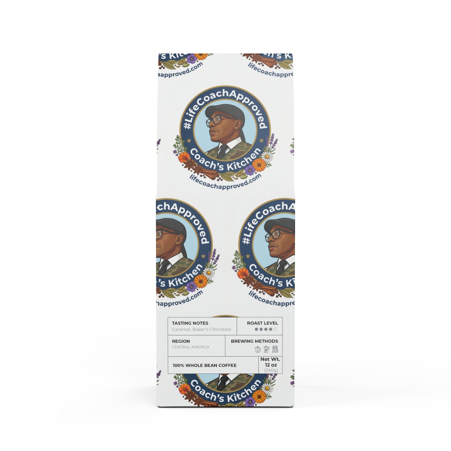 Whole bean coffee box for Coach's Kitchen blend, front label