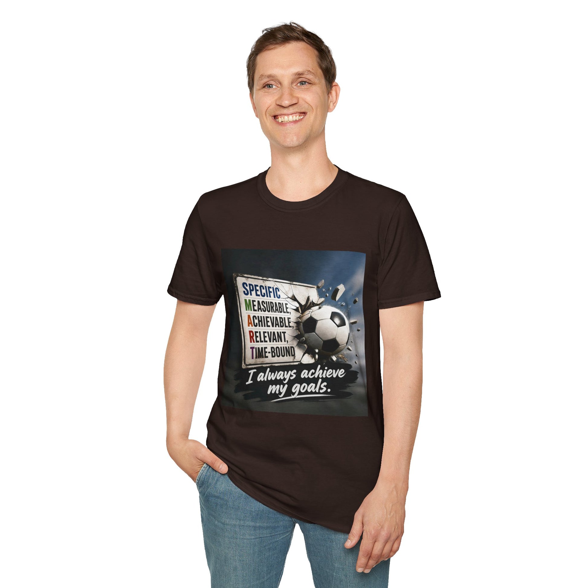 Unisex T-shirt, dark brown, soccer ball print with “I always achieve my goals.” on front.