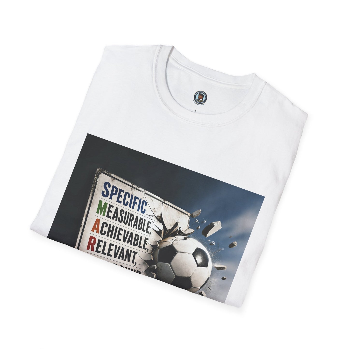 White unisex graphic T-shirt with soccer ball slogan print