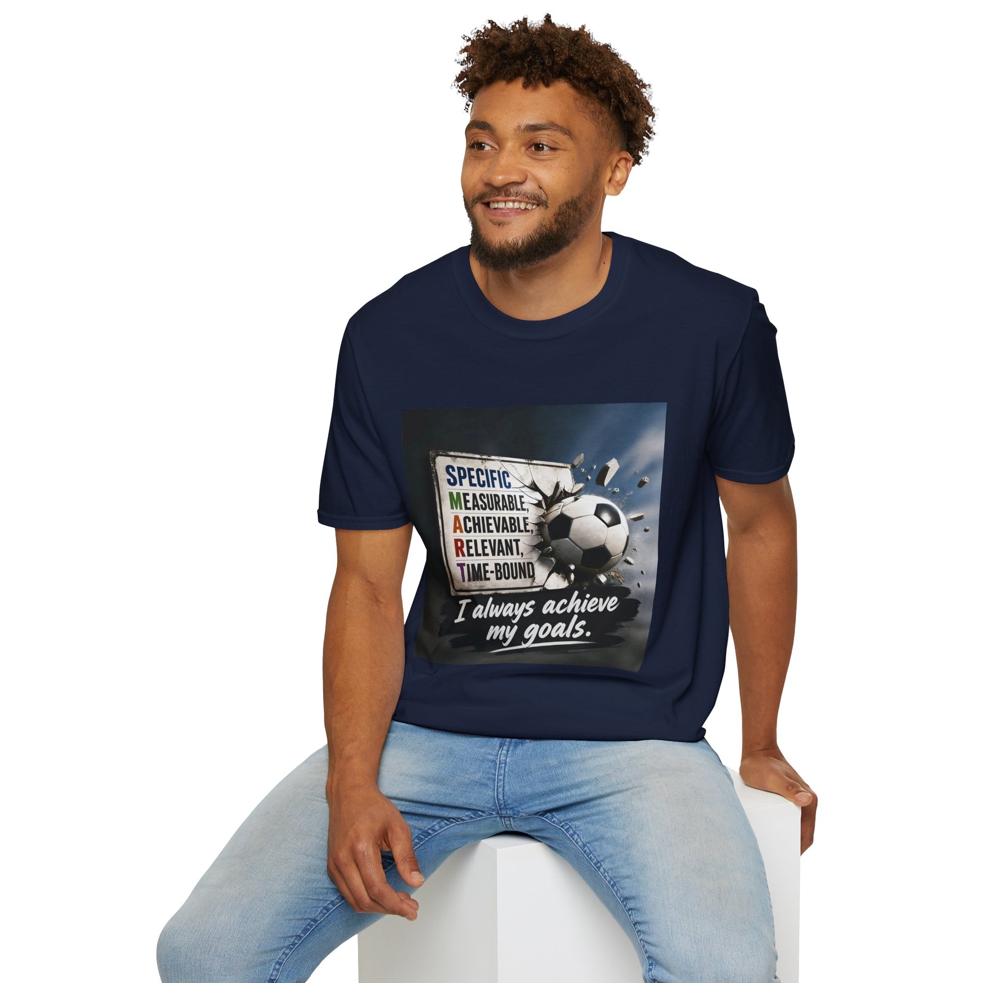 Unisex T-shirt in navy with soccer ball motivational graphic on chest