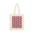 Natural canvas tote with red-white-blue geometric flag print panel.