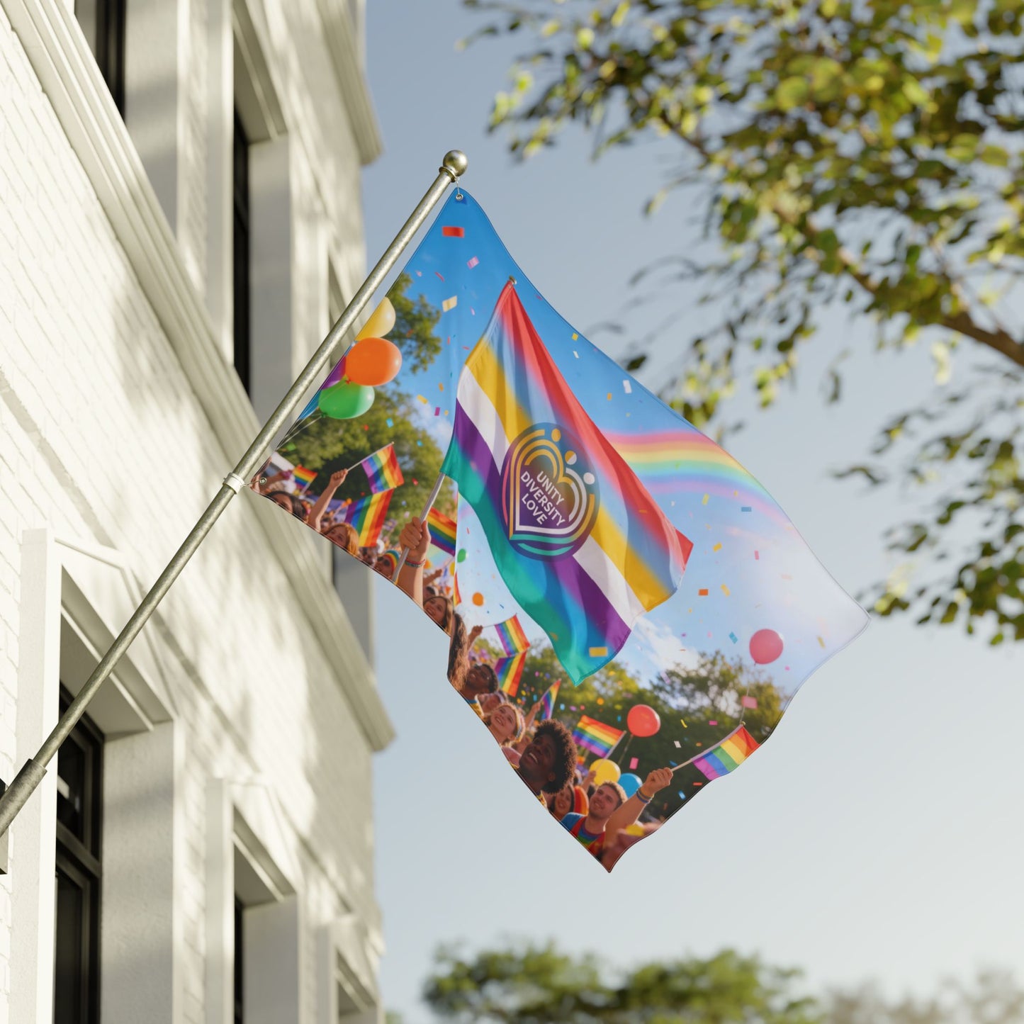 Unity Diversity Love Pride flag on a metal pole, rainbow stripes and heart Unity Diversity Love logo
