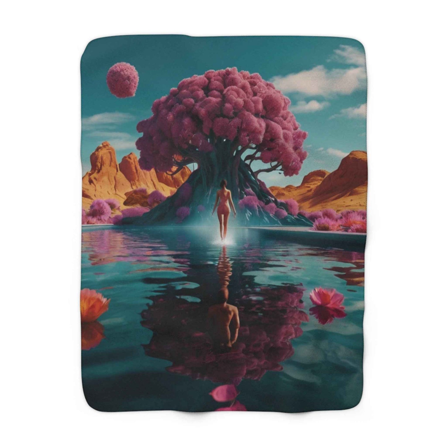 Teal fleece throw with fantasy tree and floating figure, full-bleed floral scene