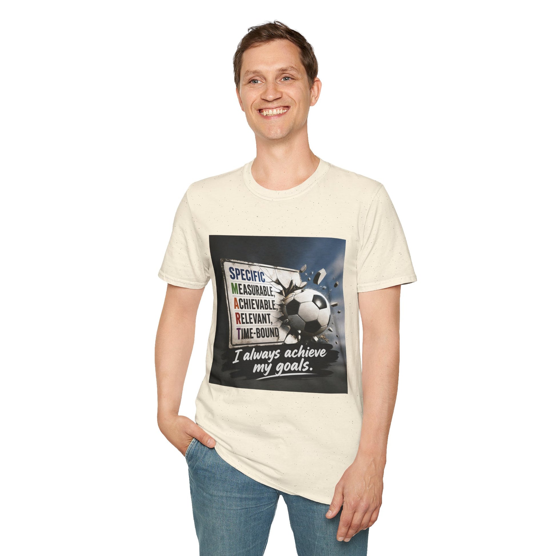 Unisex T-shirt in natural/cream with soccer ball motivational graphic on chest