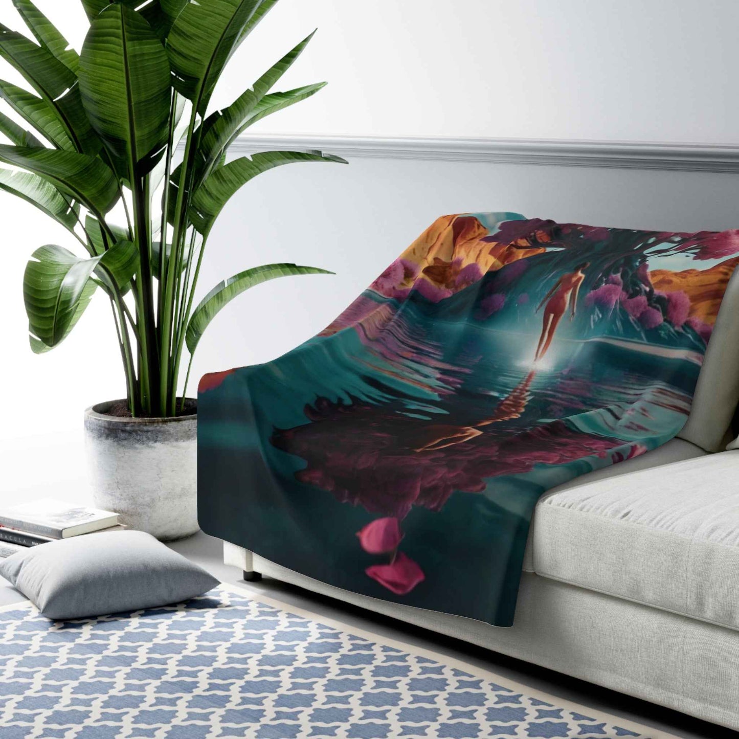 Teal fleece throw with fantasy tree, vivid flowers, and flowing water print