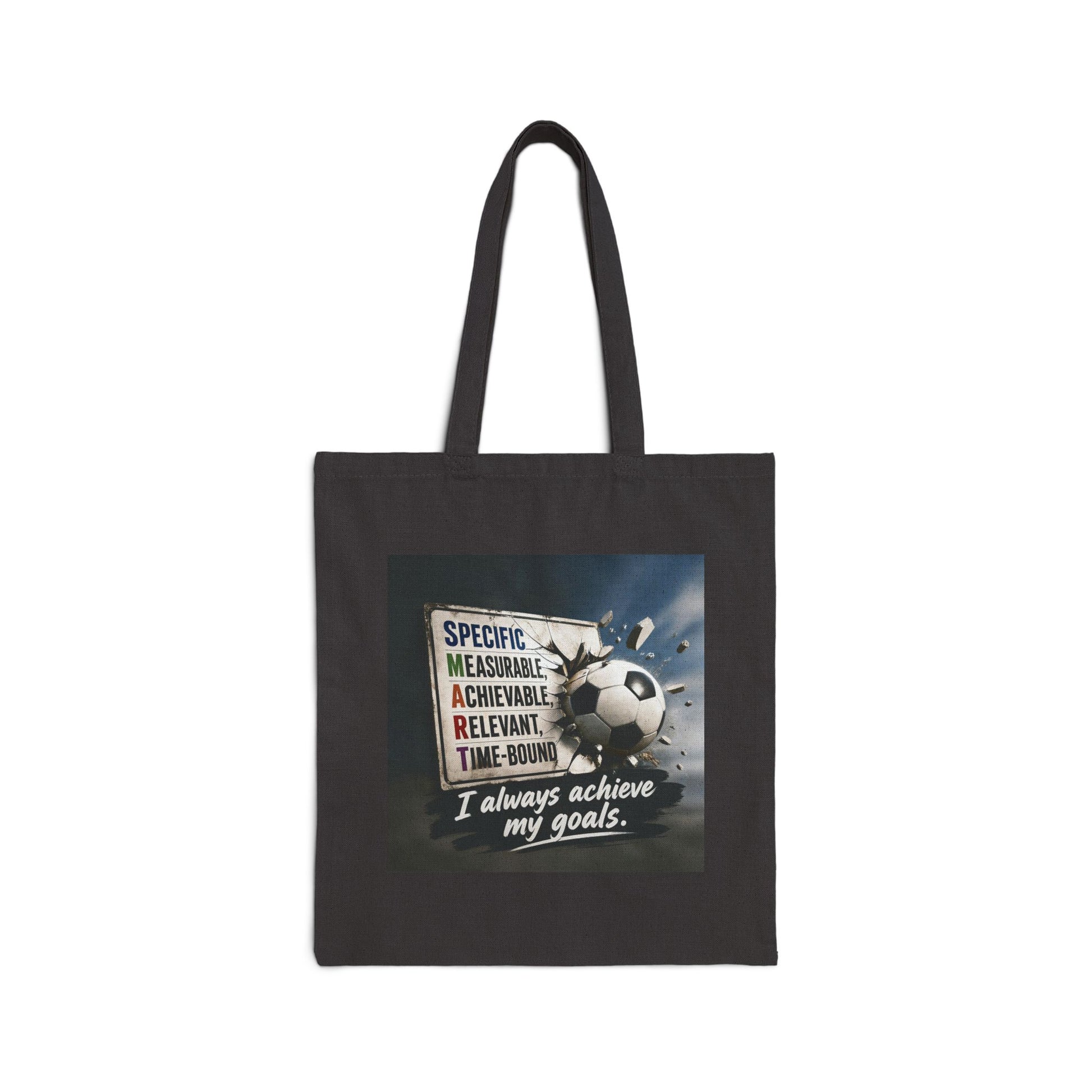 Black canvas tote bag with front soccer motivational graphic and slogan text