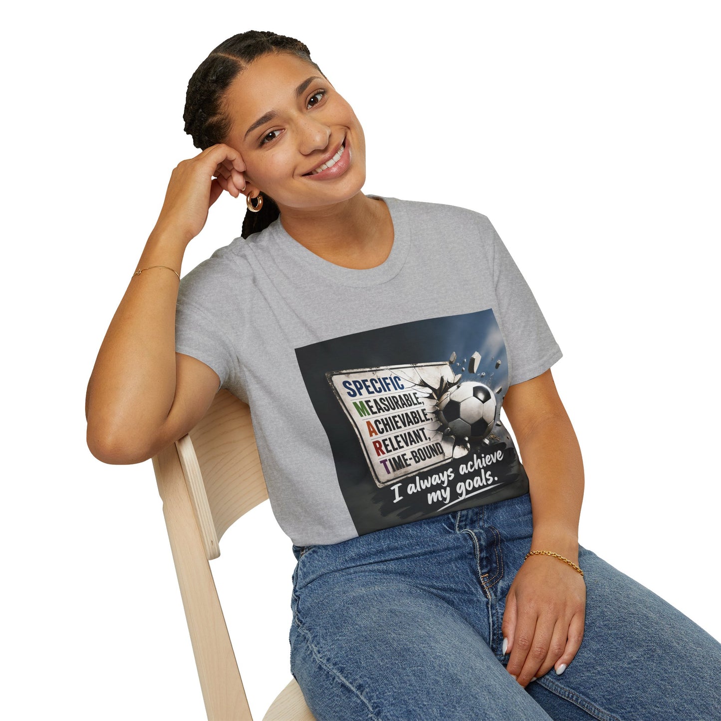 Unisex heather gray graphic T-shirt with soccer ball slogan print