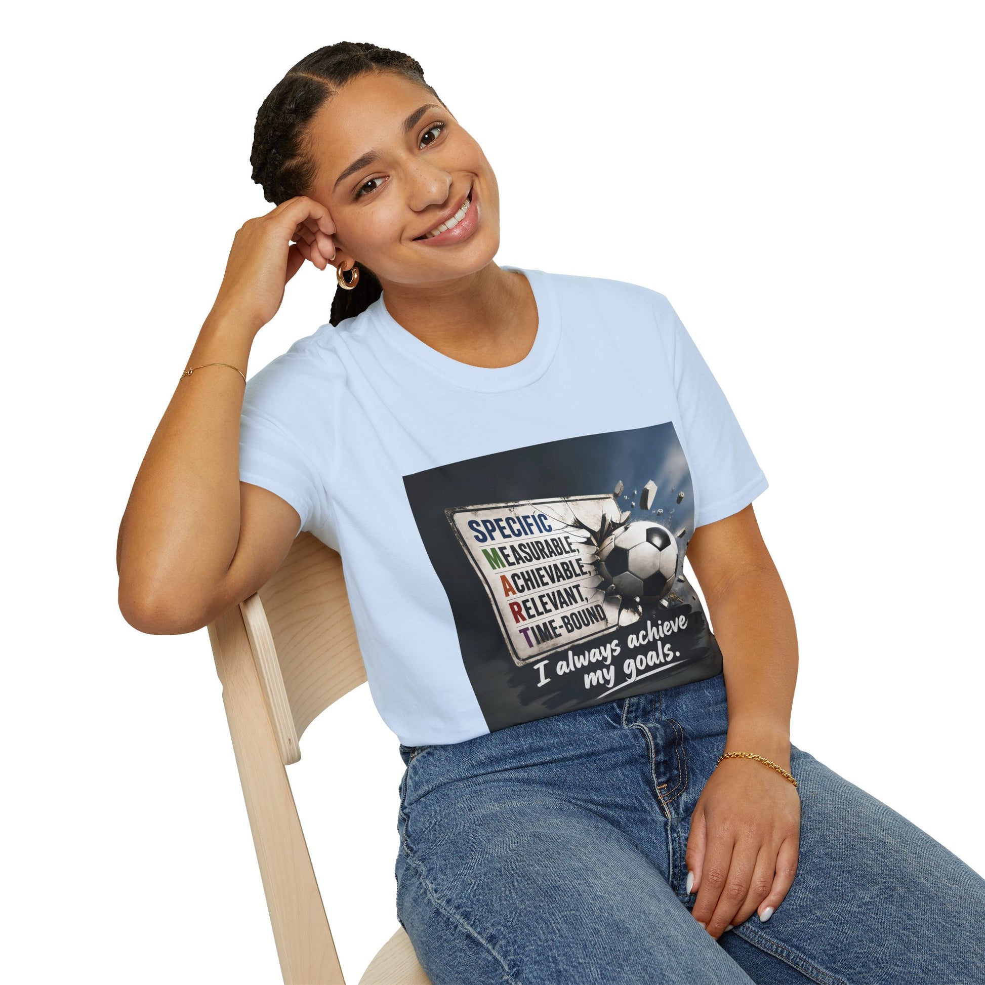 Unisex T-shirt, light blue, crew neck; soccer graphic and motivational goal text on front.