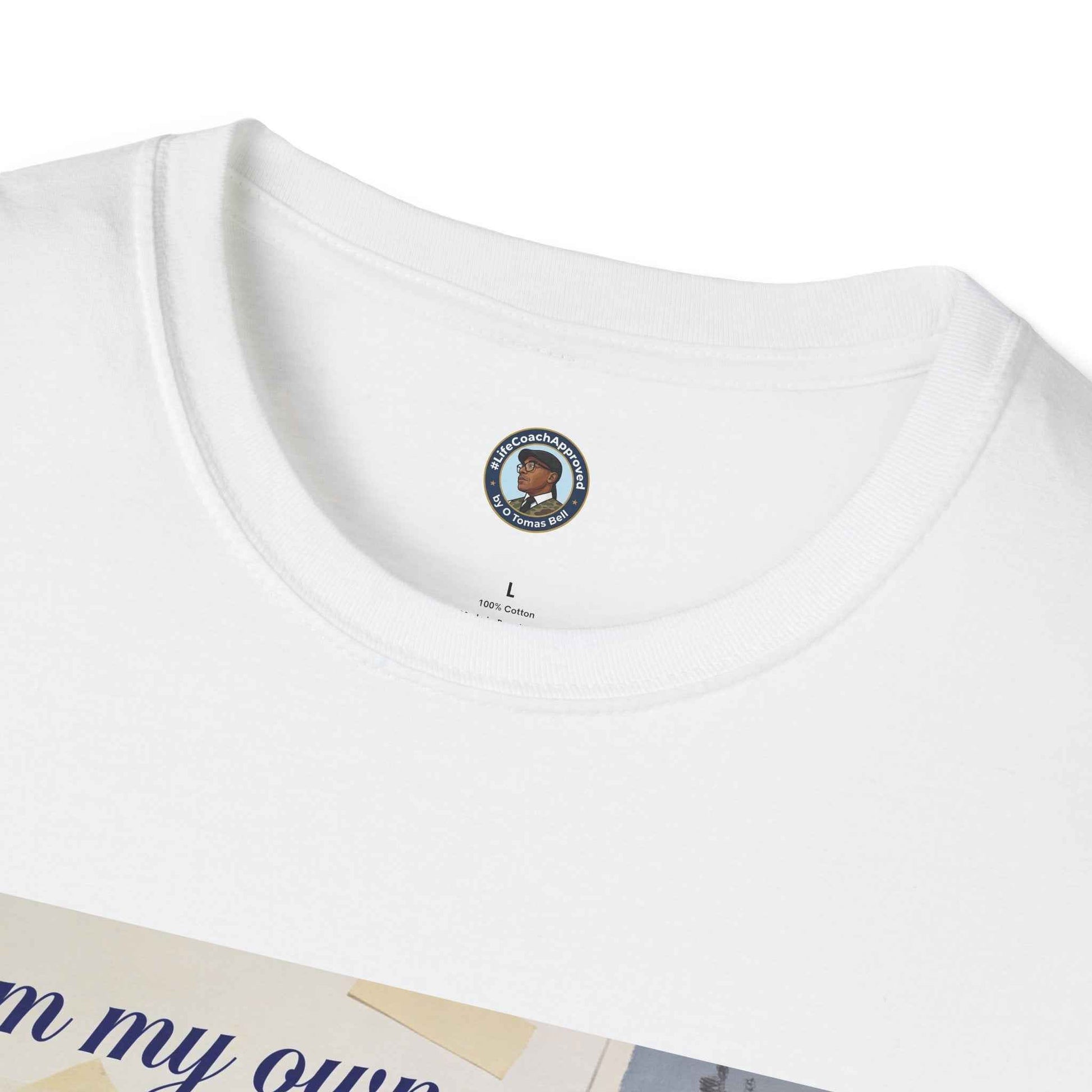 White T-shirt neckline with circular logo and “100% cotton” label