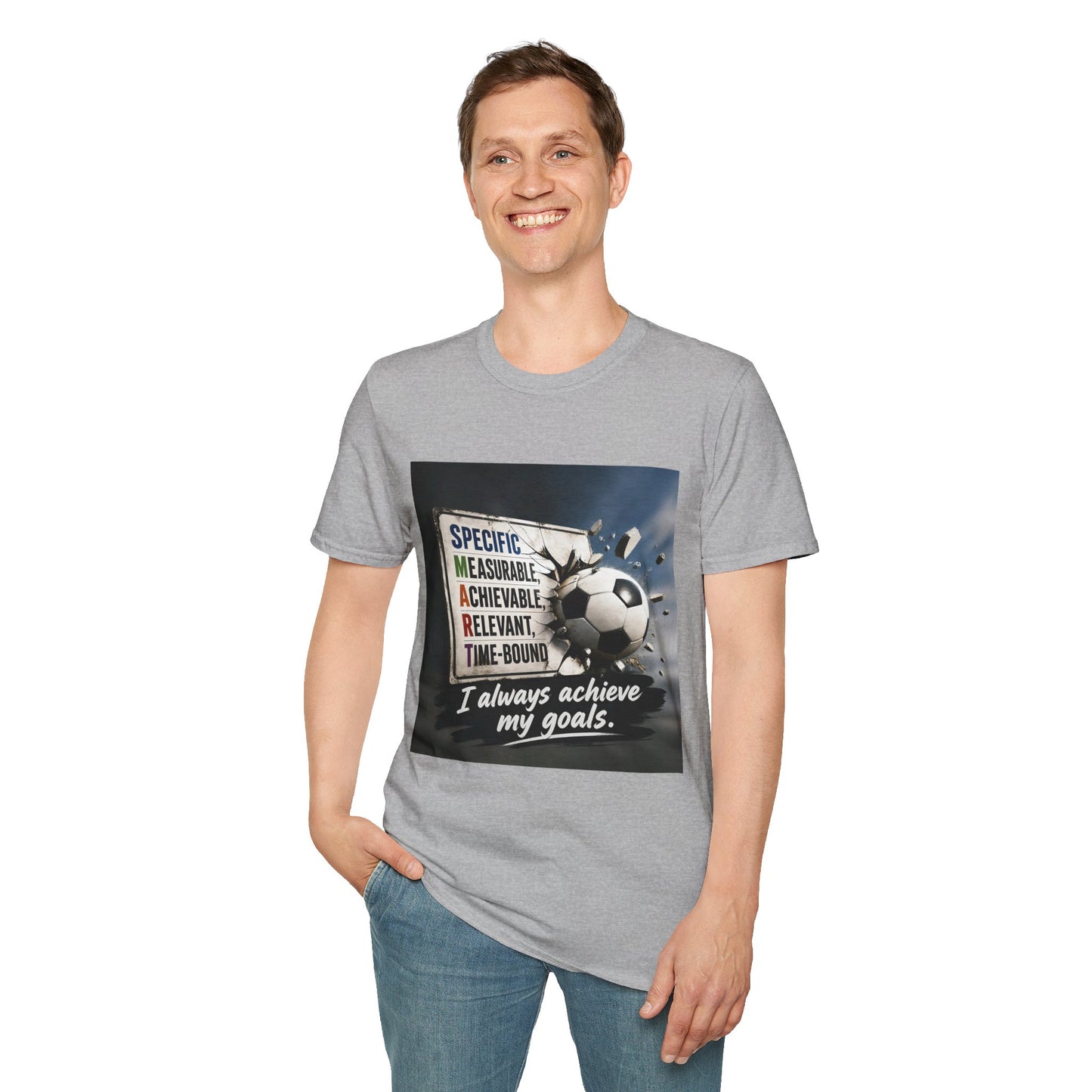 Unisex heather gray graphic T-shirt with soccer ball slogan print