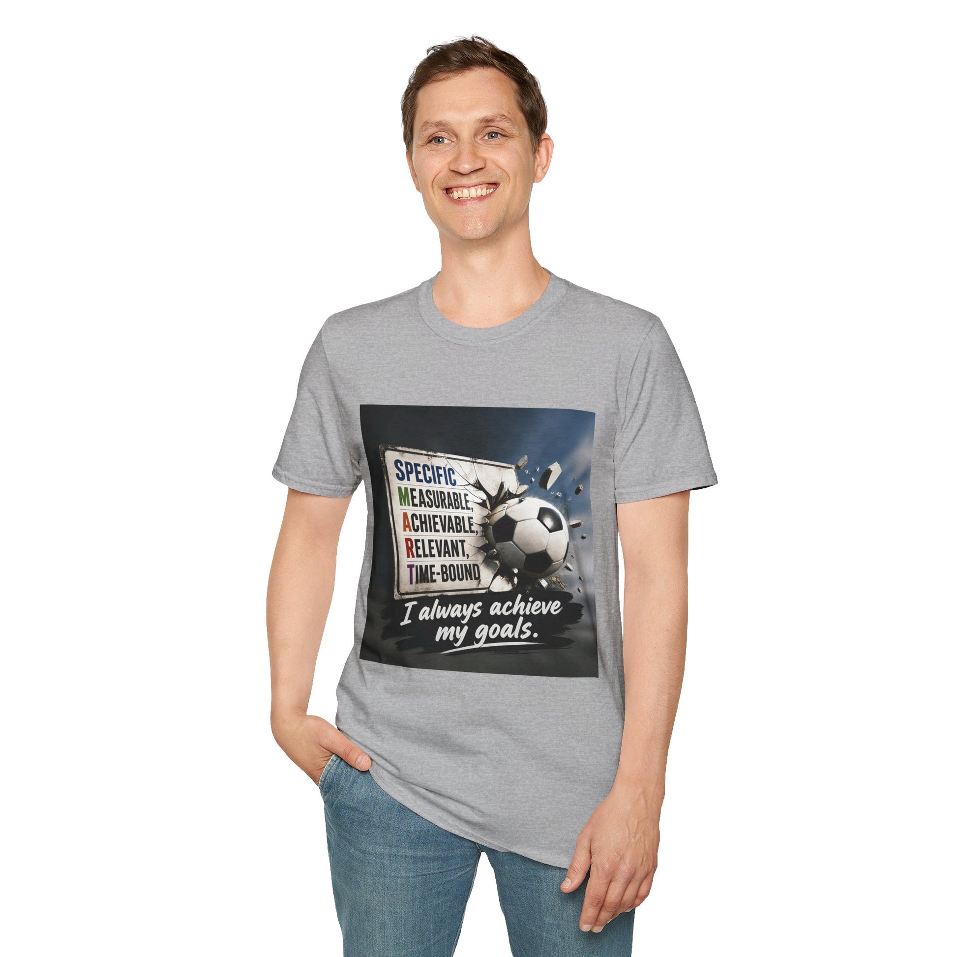 Unisex heather gray graphic T-shirt with soccer ball slogan print