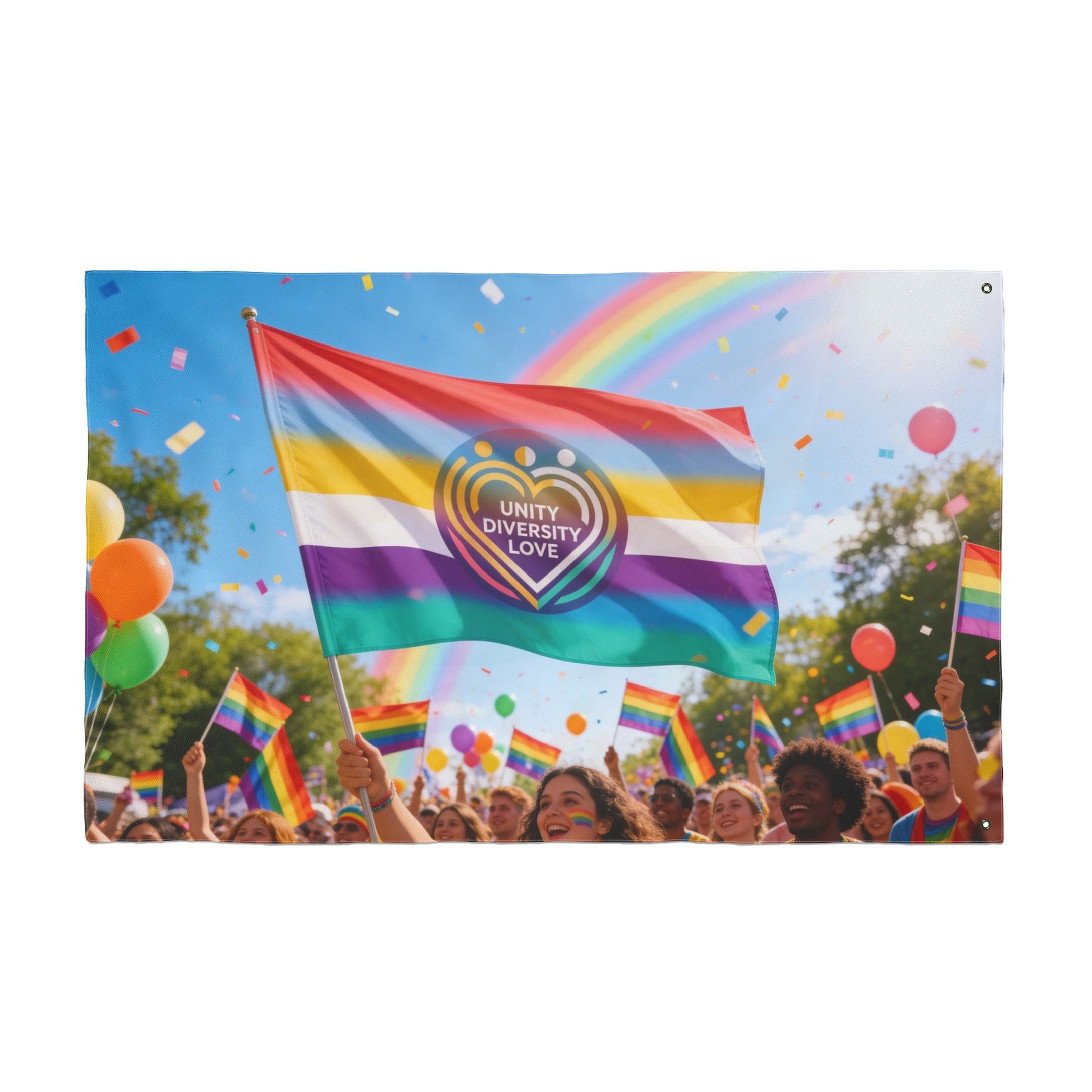 Unity Diversity Love Pride flag with rainbow stripes and heart Unity Diversity Love logo