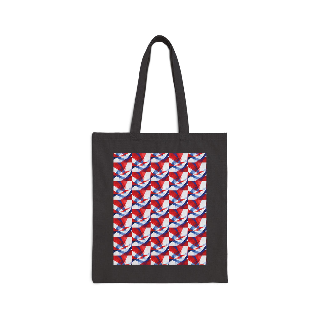 Black canvas tote with square front red-white-blue geometric flag print.