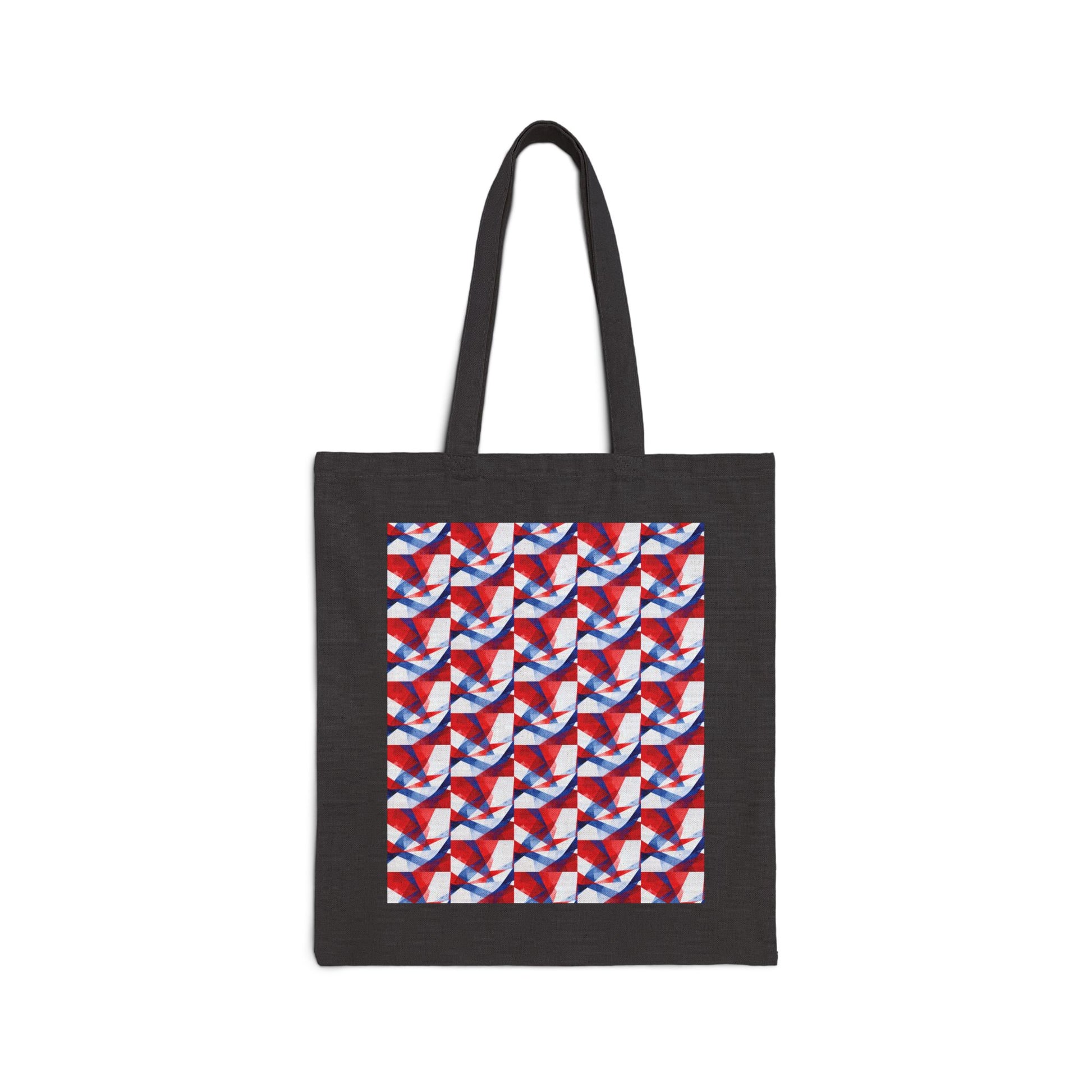 Black canvas tote bag with a red, white, and blue geometric patriotic square graphic.