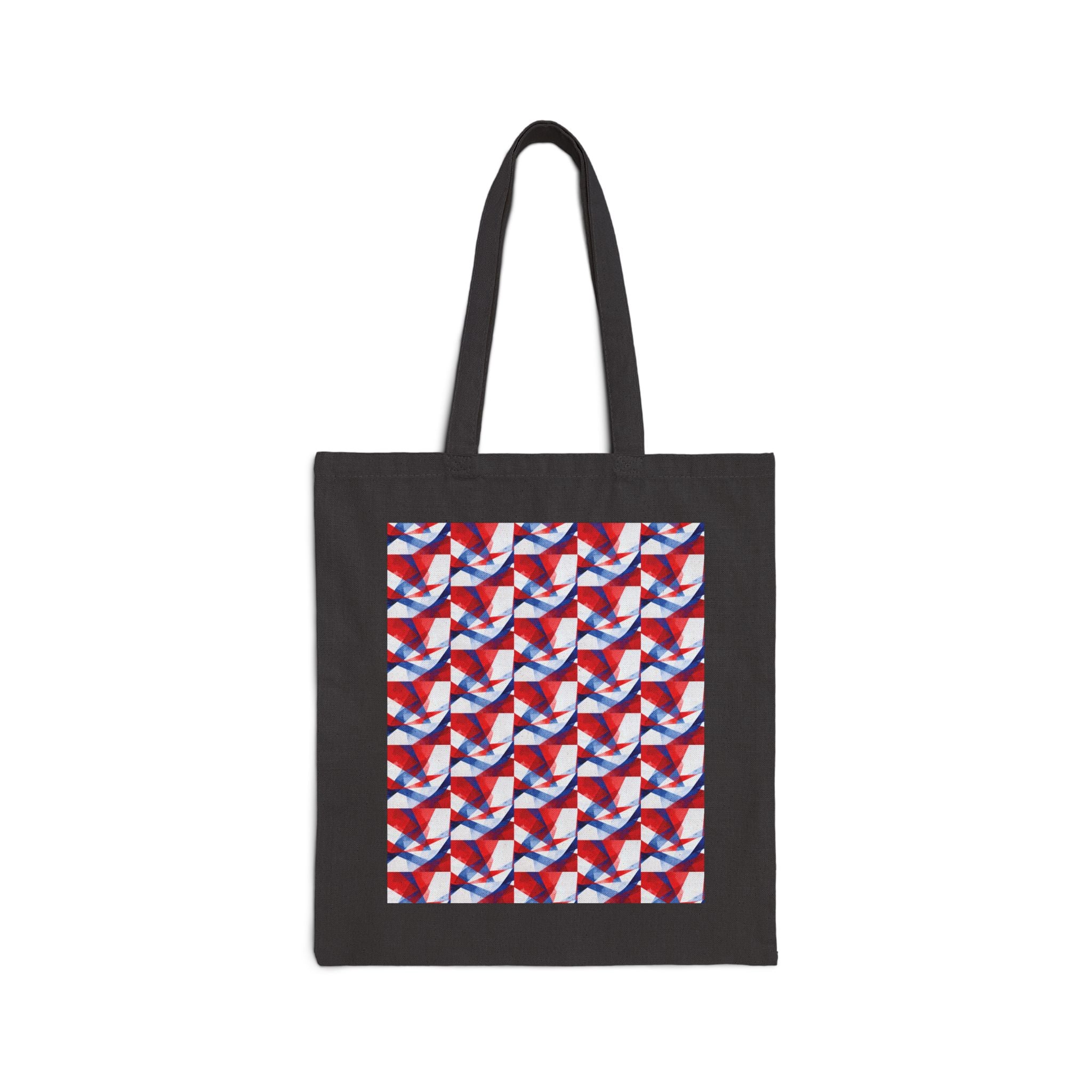 Black canvas tote with square front red-white-blue geometric flag print.
