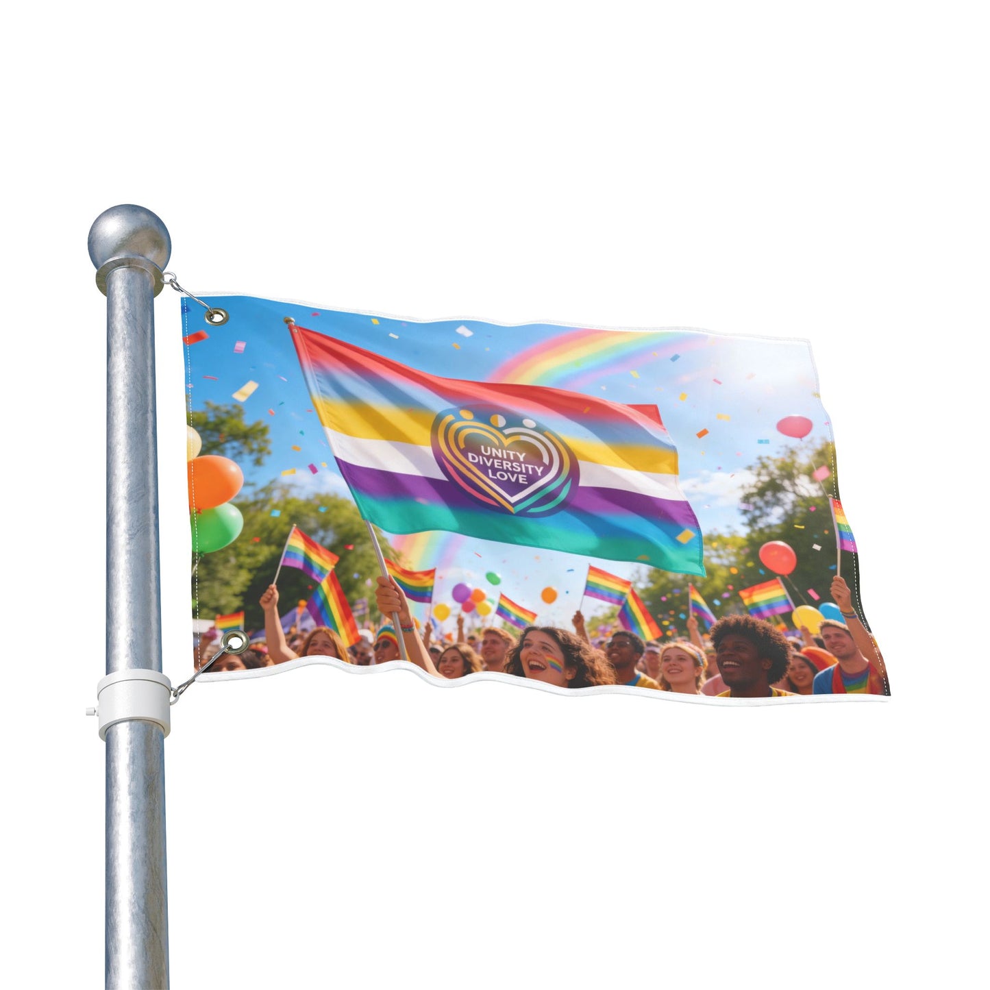 Pride flag with Unity Diversity Love heart emblem mounted on a pole with top grommet loop